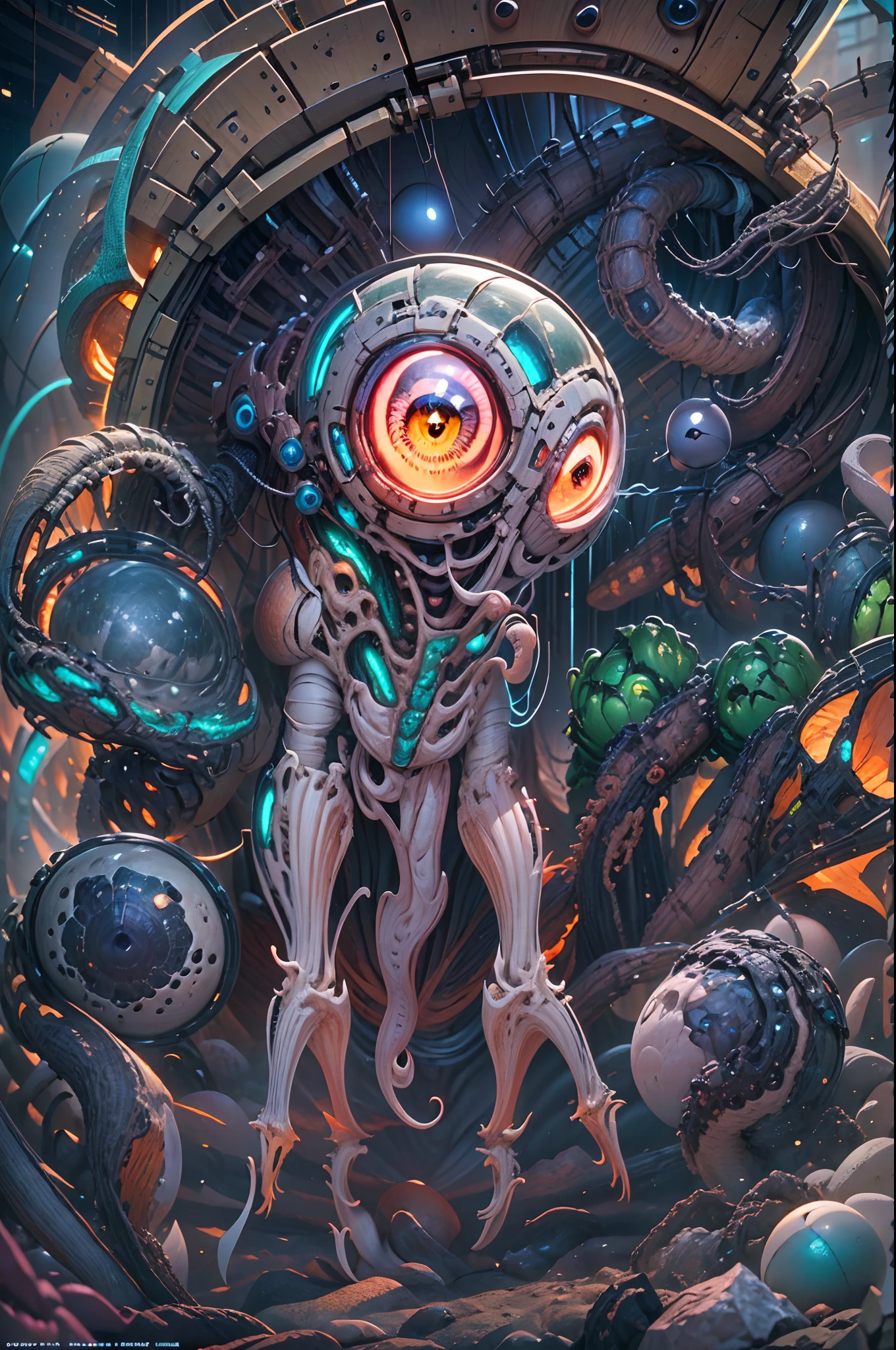 one eyed，main body：Alien monsters，Wreak havoc on an unknown planet，Exudes an aura of terror。
enviroment（Background with）：Unknown planet，Bizarre plants and buildings are scattered around，Full of technology and unknown。
Quality style：scifi style，Focus on the use of exaggerated and futuristic elements，Bring a strong sci-fi atmosphere to the audience。
illuminating：Use colorful glows and shadows，Highlight the horror images of alien monsters。
color：Mainly cool colors，The skin of the alien monster and the colors of the unknown planet complement each other，It presents a sense of technology and the unknown。
sentiment：terroral、thriller，It conveys the shock and horror of alien monsters raging on unknown planets。
composition：Adopt a composition with an elevation perspective，Place the alien monster in the center of the picture，Set against the backdrop of unknown planets and exotic plants，Enhance the exotic and technological features of alien monsters。
peculiarity：The alien monster has glowing eyes，There is a terrifying light，Its antennae and limbs possess extraordinary strength and perception。
the detail：Every texture of an alien monster、Skin texture and movement are depicted in detail，Creates a strong sense of realism