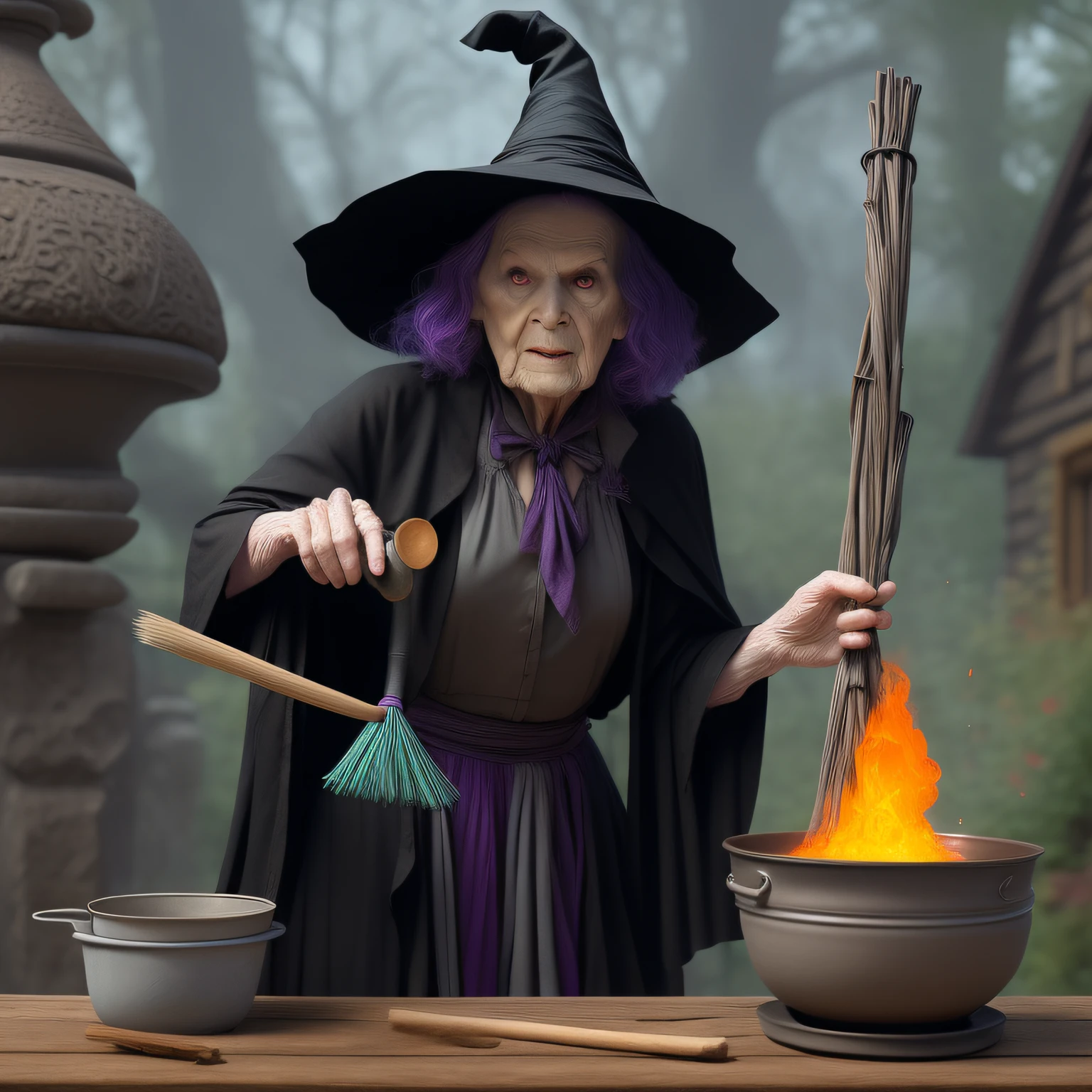 colorfully colored coloring page of colorful ultra realistic angry, glaring, old, ugly, hunchback witch wearing black pointed witch hat cooking a cauldy with a broom and a pot, casting a spell on a potion, the witch conjure, bubbling cauldron!, witch burning, witchcore, witch, witch clothes, witchy, witchcraft!, bubbling cauldron, witchcraft, by artist john sloane