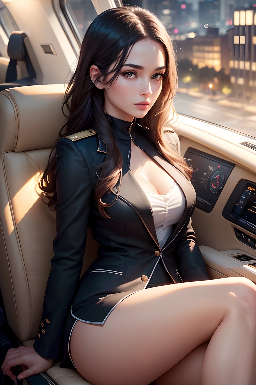 (a luxurious private jet:1.2, sleek:1.1, modern, high-end)(a stylishly dressed girl in uniform:1.1, confident, elegant, professional)(beautiful detailed eyes:1.1, long eyelashes, captivating, expressive)(beautiful detailed lips:1.1, luscious, perfectly outlined)(ultra-detailed interior:1.2, spacious, luxurious, comfortable)(professional lighting:1.1, soft, warm)(vivid colors:1.1, rich, vibrant)(a stunning landscape outside the window:1.1, breathtaking, serene)(a glimpse of the cityscape:1.1, bustling, lively)(highres image quality:1.2, sharp focus, crisp details)(photorealistic rendering:1.1, realistic textures, lifelike)(bokeh effect:1.1, dreamy, blurred background)