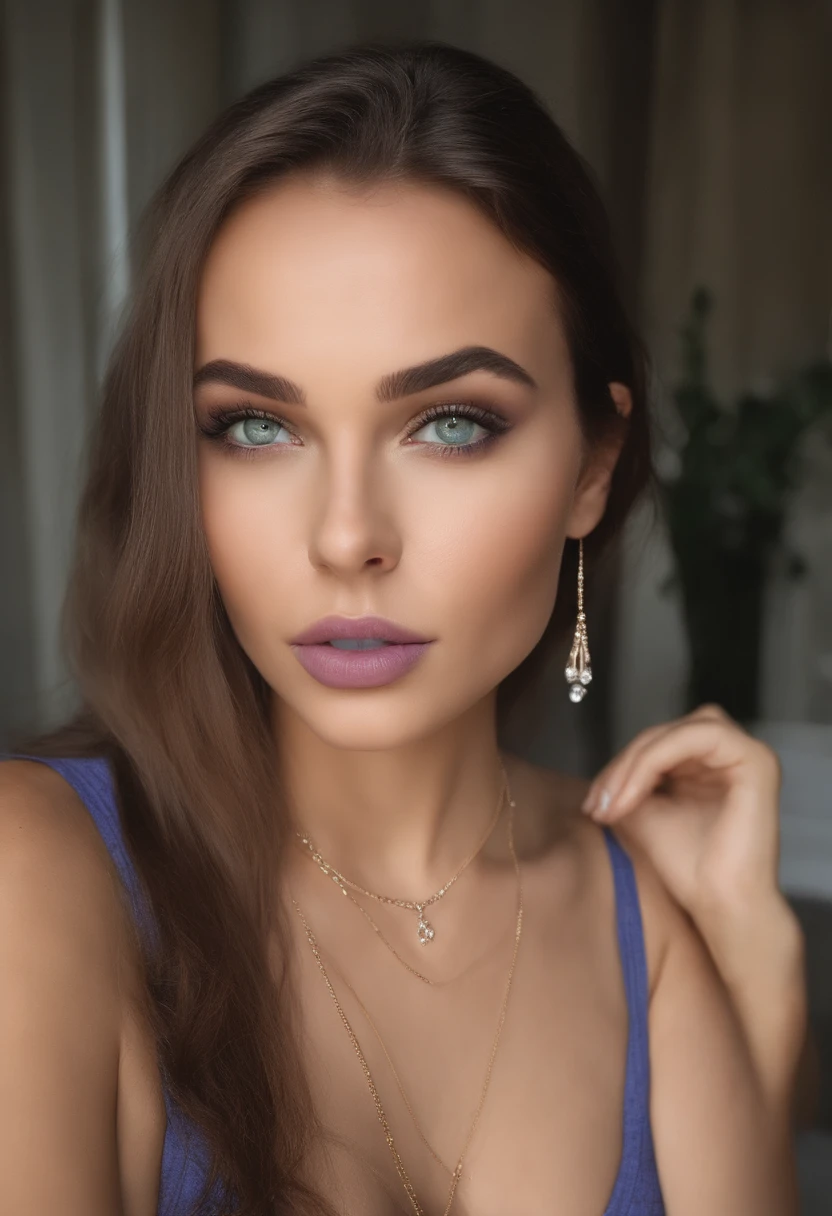 Arafed kinky woman with a white tank top and necklace, fille sexy aux yeux verts, Portrait Sophie Mudd, cheveux bruns et grands yeux, selfie of a young woman, Yeux de chambre, Violet Myers, sans maquillage, maquillage naturel, looking straight at camera, Visage avec Artgram, Maquillage subtil, stunning closeupheadshot, piercing green eyes