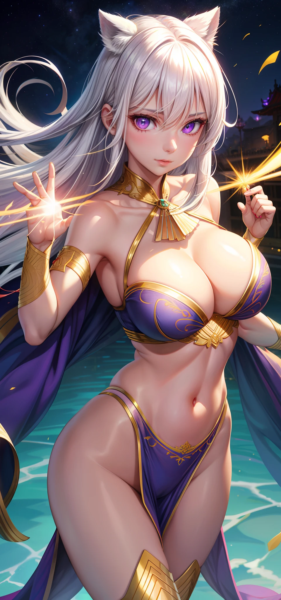 realisticlying，1girll，White hair，Purple eye，glowing light eyes，，parted lip，Be red in the face，the night，fresh flowers，suns，rays of sunshine，extremely large bosom，nakeness，Bare breasts，A MILF，比基尼，Camel toes，Gold wire embroidery，Supergirl