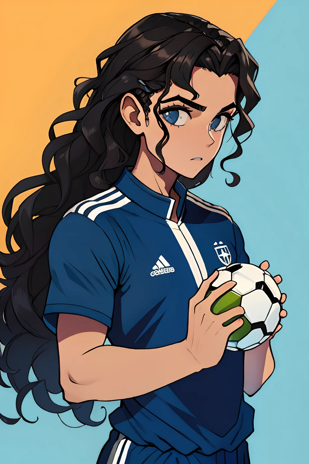 homem pardo, braided dark curly hair, olhos escuros, uniform soccer