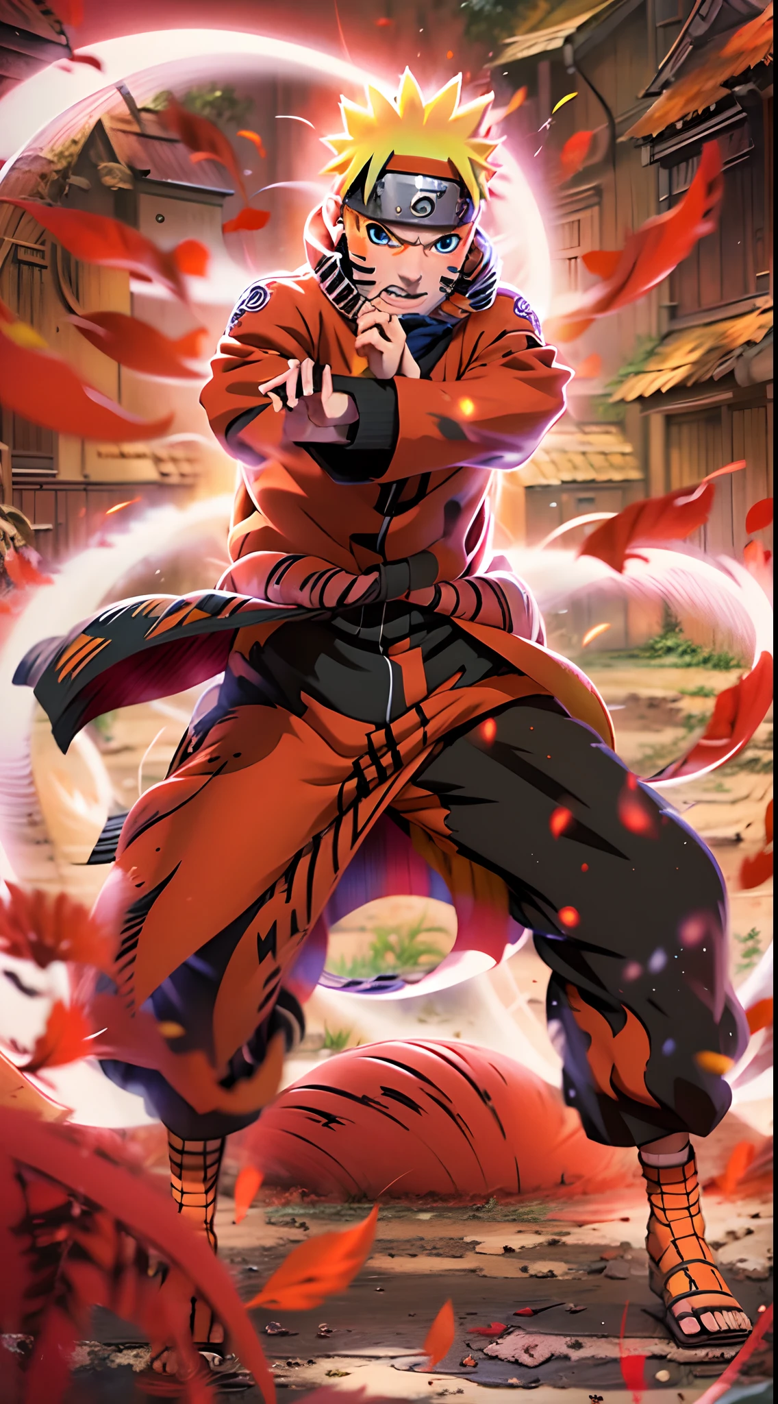 Uzumaki Naruto Shippuden, cinematic art,best quality, nine tale fox sprite in the background, beautiful red cinematic light effects, masterpiece collection award winning artwork, official art, hidden leaf village, courage, full body with dynamic poses, Japanese anime, anime cinematic effects