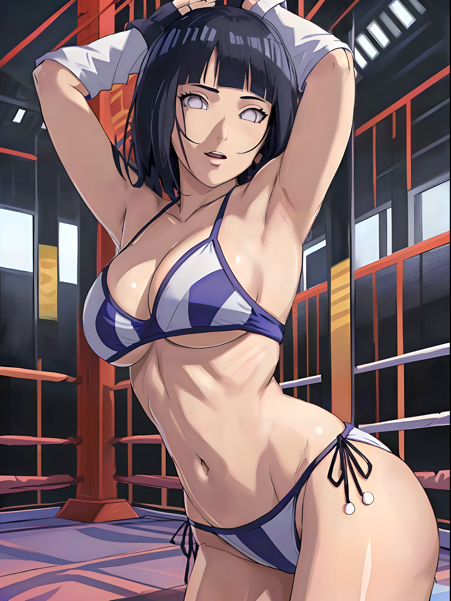 (WALLPAPER, (hinata\(boruto\), (((1 girl, white string bikini, white fingerless gloves))), masterpiece, 4k, vector coloring, fully body view, (scene: sexy girl posing like a fighter, ( location: in wrestling ring with crowd watching)), (high color saturation), contrast lighting, mature female, (curvy:0.8), solo, anime style, sharp focus, professional artwork, intricate details, colorful, vibrant colors, vivid colors, digital blending, ultra detailed body, ultra detail hair, ultra detail face, trending on pixiv, very hot colors, ((())), detailed bold arm lines, high color saturation, bold lines, bold drawing lines), (head tilt), open mouth, happy),
((dark blue hair color:1.1), wavy hair, ((short hair, hime cut)),
(white skin, (fair skin), slender body, milf, perfect face),
(legs, big breasts, off-shoulders, (detailed shoulders, detailed arm lines)),
(bare shoulders, bare legs),