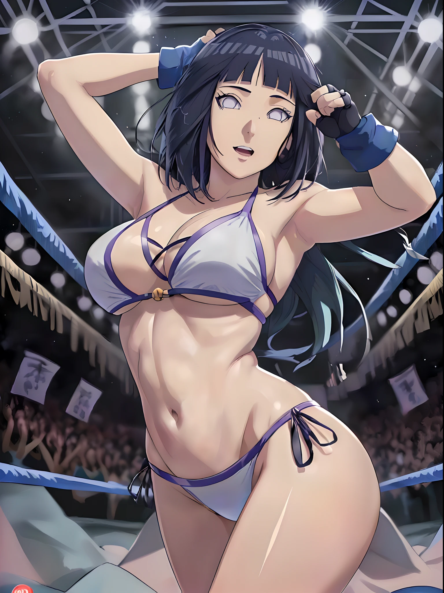 (WALLPAPER, (hinata\(boruto\), (((1 girl, white string bikini, white fingerless gloves))), masterpiece, 4k, vector coloring, fully body view, (scene: sexy girl posing like a fighter, ( location: in wrestling ring with crowd watching)), (high color saturation), contrast lighting, mature female, (curvy:0.8), solo, anime style, sharp focus, professional artwork, intricate details, colorful, vibrant colors, vivid colors, digital blending, ultra detailed body, ultra detail hair, ultra detail face, trending on pixiv, very hot colors, ((())), detailed bold arm lines, high color saturation, bold lines, bold drawing lines), (head tilt), open mouth, happy),
((dark blue hair color:1.1), wavy hair, ((short hair, hime cut)),
(white skin, (fair skin), slender body, milf, perfect face),
(legs, big breasts, off-shoulders, (detailed shoulders, detailed arm lines)),
(bare shoulders, bare legs),