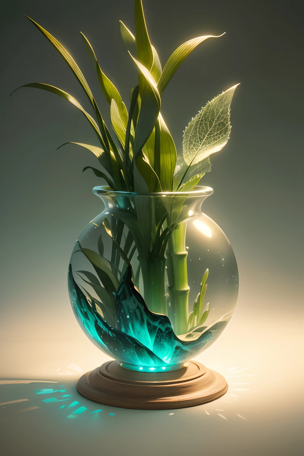 back lighting, a green transparent vase with 4 distinct individual Chinese water bamboo stalks with bamboo leaves in a green transparent crystal ball, in the style of conceptual light sculptures, light beige and gold, high details, luxury, kodak plus-x, miniaturecore, intricate underwater worlds, lightbox, meticulous design, rich and immersive, Hasselblad camera shots, surrealism, graceful lines, frozen, green floor, this is a profile picture, dreamy effect