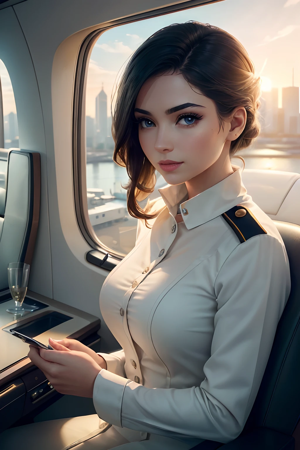 (a luxurious private jet:1.2, sleek:1.1, modern, high-end)(a stylishly dressed girl in uniform:1.1, confident, elegant, professional)(beautiful detailed eyes:1.1, long eyelashes, captivating, expressive)(beautiful detailed lips:1.1, luscious, perfectly outlined)(ultra-detailed interior:1.2, spacious, luxurious, comfortable)(professional lighting:1.1, soft, warm)(vivid colors:1.1, rich, vibrant)(a stunning landscape outside the window:1.1, breathtaking, serene)(a glimpse of the cityscape:1.1, bustling, lively)(highres image quality:1.2, sharp focus, crisp details)(photorealistic rendering:1.1, realistic textures, lifelike)(bokeh effect:1.1, dreamy, blurred background)