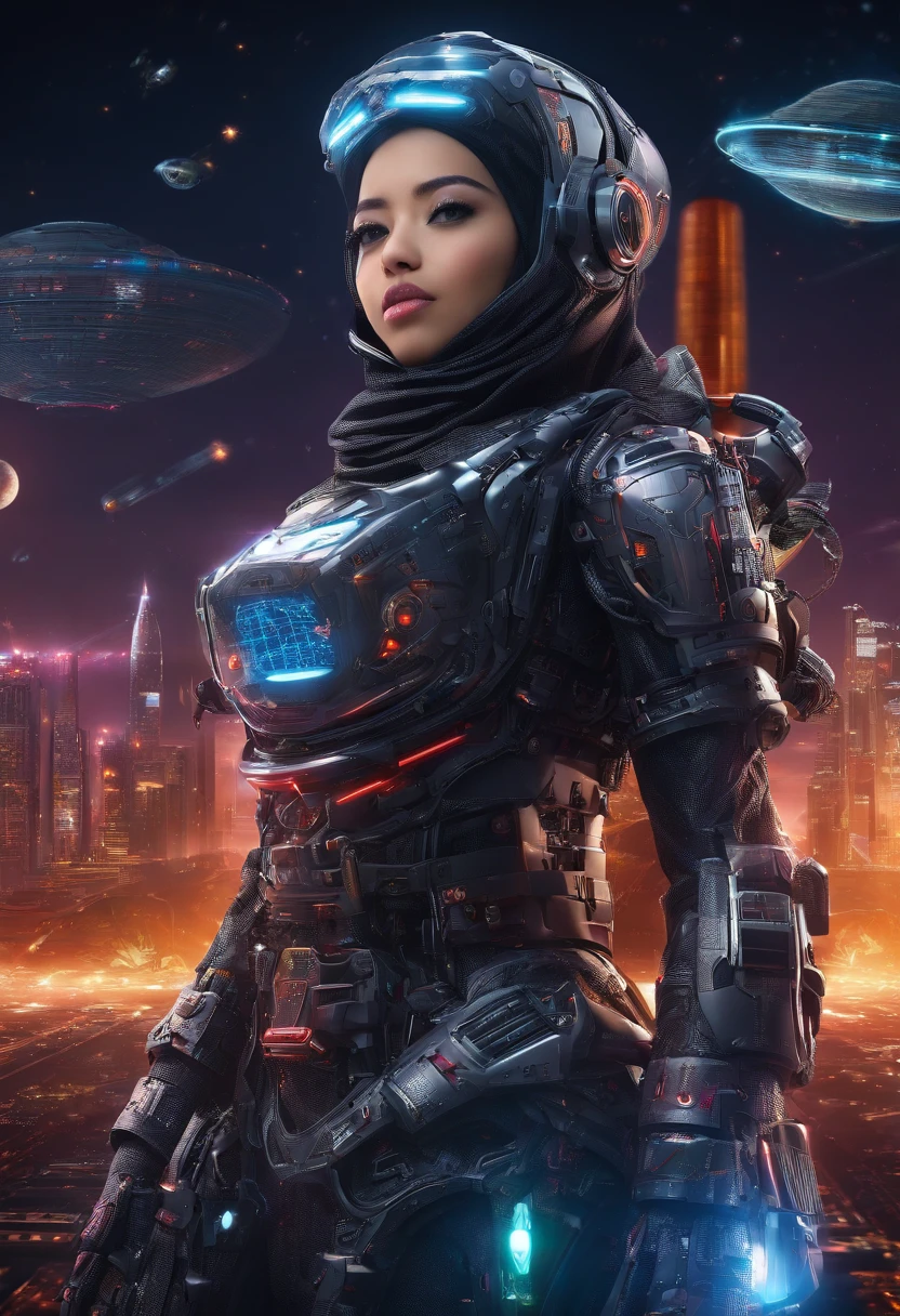 Craft an adventurous advertisement where a Malay girl in hijab becomes the captain of a ramen-themed spaceship, exploring the galaxy to discover unique ramen recipes from different planets, offering an out-of-this-world taste experience