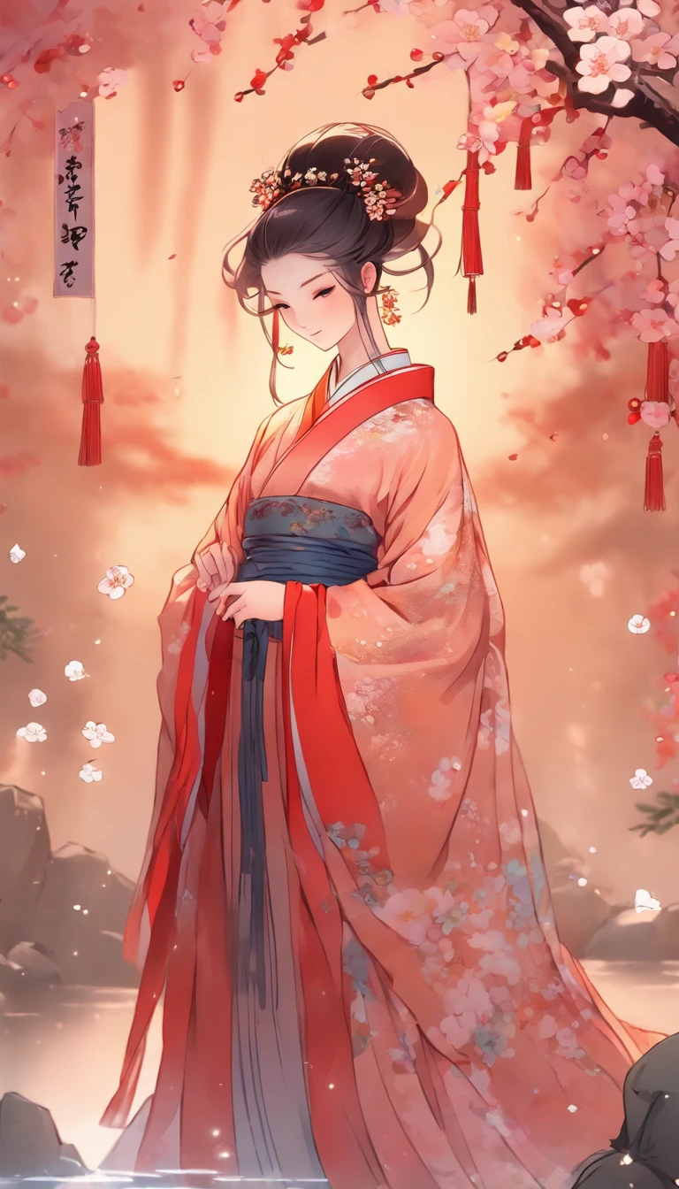 China-style,Chinese ink style,water ink,Smudge,clubs,Hanfu beauty standing among plum blossoms,中景 the scene is,Full body like, highly detailed surreal vfx,China ink painting,oc rendered, - AR 16:9 --q 2 --s 1000