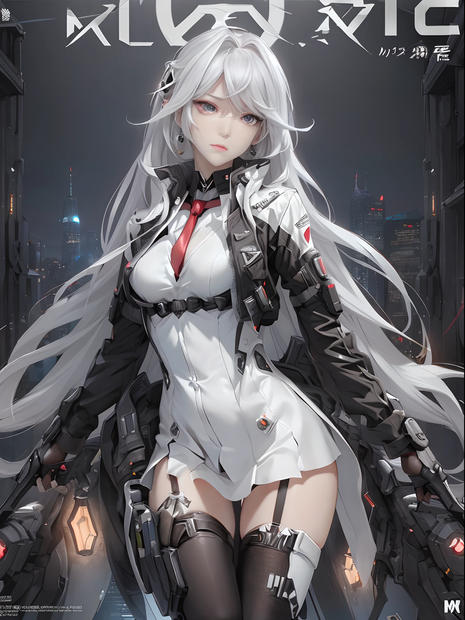 masterpiece, (best quality), (ultra-detailed), (ultra-realistic:1.2), landscape, sci-fi, transistorpunk, cyberpunk, biopunk, (magazine cover:1.4), (gray, white), female huge robot, visor, earring, mechanical angel wings on the back, angel wings, future town, dynamic pose, dynamic angle, small breasts, luxury, (gold, silver, green), neonmasterpiece, (best quality), (ultra-detailed), (ultra-realistic:1.2), landscape, sci-fi, transistorpunk, cyberpunk, biopunk, (magazine cover:1.4), (gray, white), 8k, UHD, The alone long waist white hair woman as the lone character as a magazine, yellow eyes, gold eyes, hair accessory, floating alone , high resolution, sci-fi city , Hyper detail mature face, black strapless bodysuit, white shirt, black panty, black jacket, black glove, ultra sharp, red necktie, black string full leg stocking, black string high thigh kneesock , exposed leg , black boot, feet visible, Hand Visible , twin sword, twin floating equipment, detail finger, 5 finger, Shooting pose,action pose,explosion effect, a determined expression on her face。