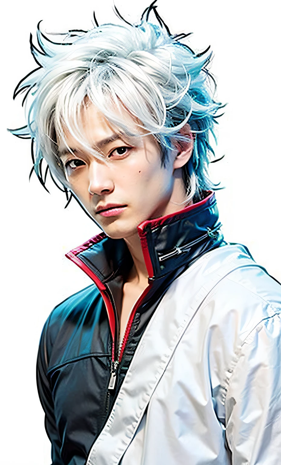 a close up of a Japanese man with a messy white hair and blue eyes, gintama, ultra realistic, high quality, detailed face