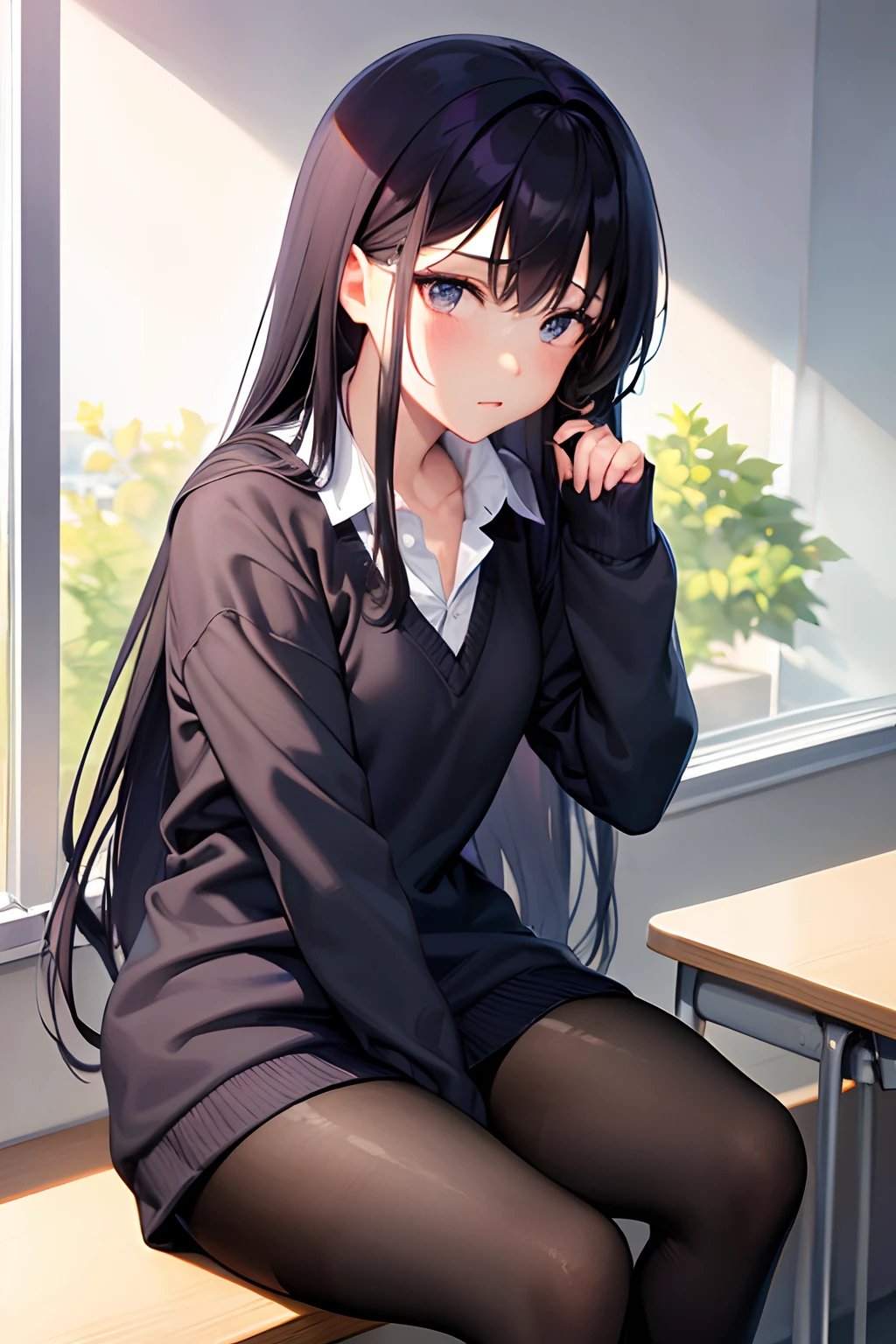 Teenage girl with long black hair and big violet eyes, with a sad face sitting near a window in the afternoon at a school, wearing white high school clothes.