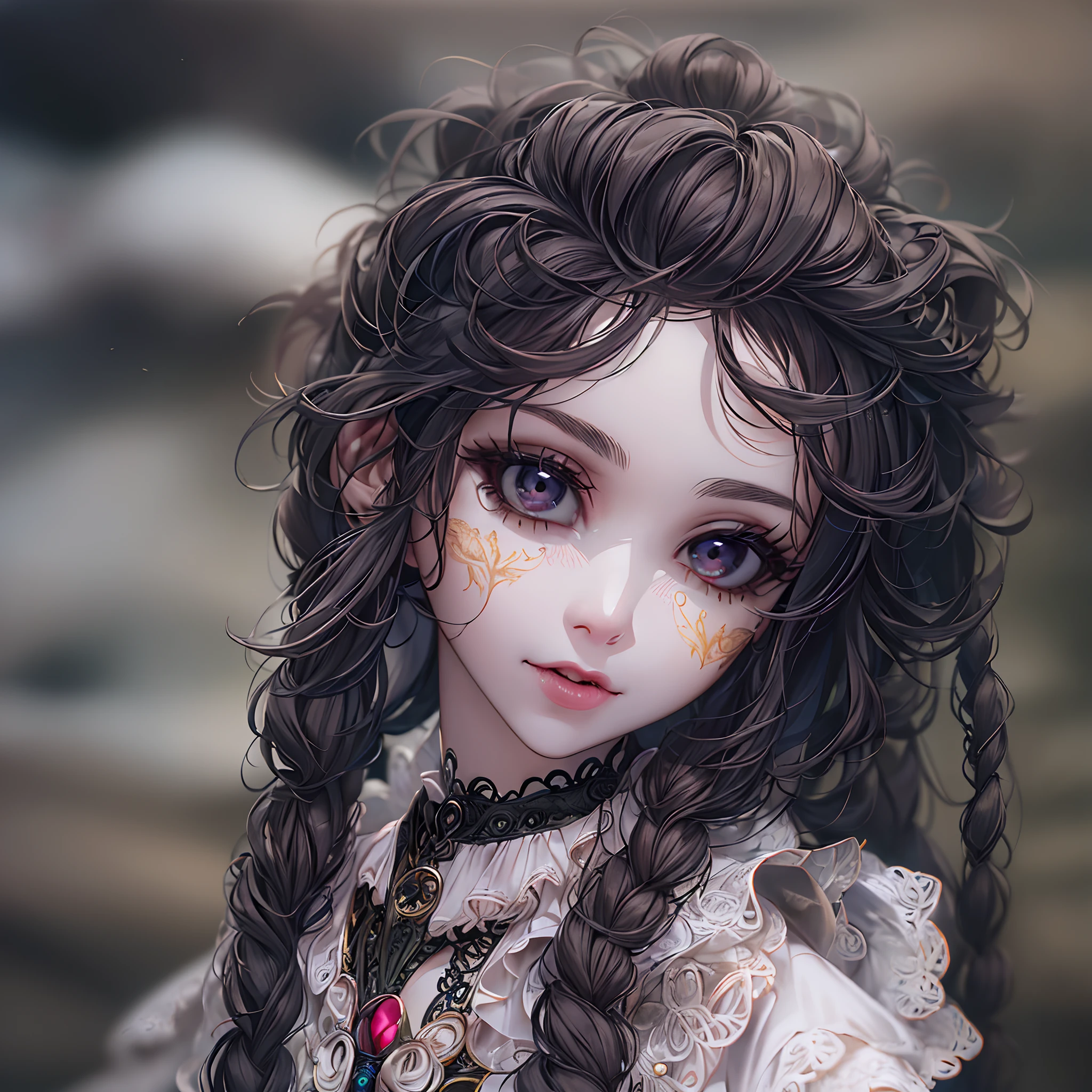 one eyed，Best quality, Super hi，It's nothing, photoreaslistic, Photography of a beautiful woman, Age of 30 years of adolescence, Detailed face, Black messy fishtail braid, (Detailed porcelain doll,intricate detailed clothes，There are a lot of frills and ribbons), beach, (closeup of face), Seductive look, view the viewer