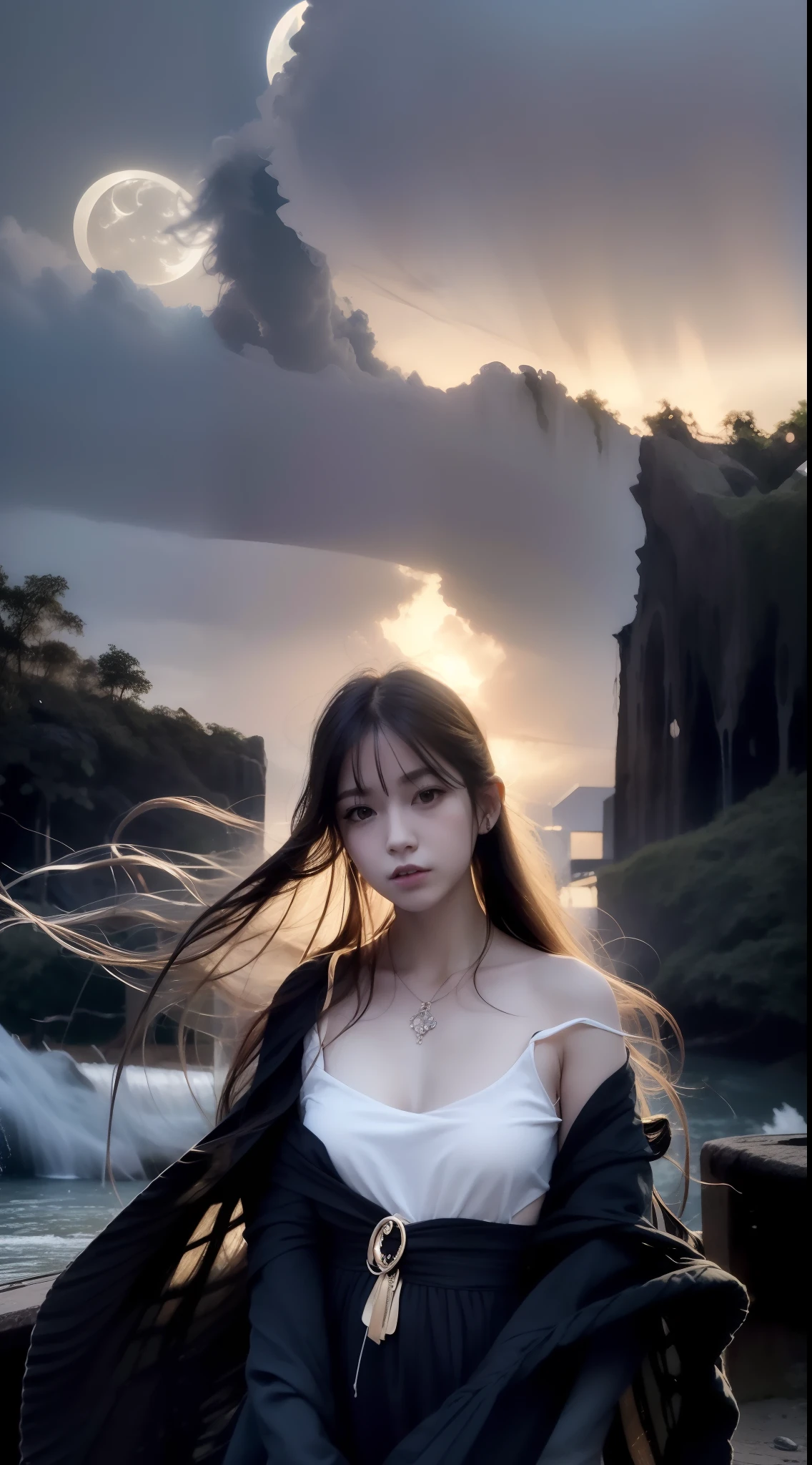 (masterpiece,top quality,best quality,official art,beautiful and aesthetic:1.2), dreamwave, android, smoke, aesthetic, vortex, beautiful woman, (elegant:1.2), ), colorful, crystal, gold., (sexy), wind, storm, backlighting, solar eclipse, long hair, vogue, depth of field, translucent, floating, red sky, Black skeleton princess, black smoke, green blood, Feather bone, ash, black vapor, Andromeda, void, pain, black diamond, diffuse reflection, burn gold,