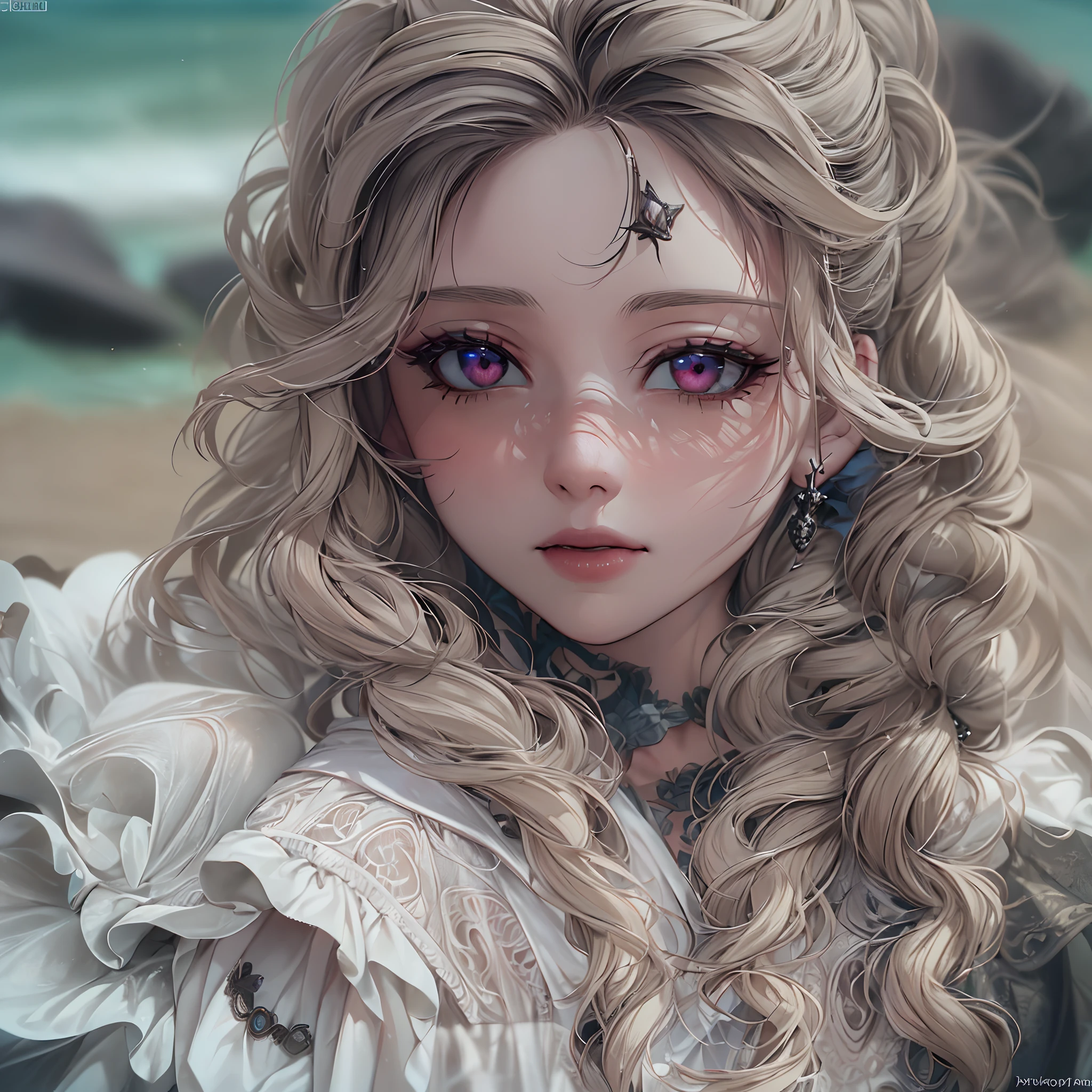 one eyed，Best quality, Super hi，It's nothing, photoreaslistic, Photography of a beautiful woman, Age of 30 years of adolescence, Detailed face, Black messy fishtail braid, (Detailed porcelain doll,intricate detailed clothes，There are a lot of frills and ribbons), beach, (closeup of face), Seductive look, view the viewer