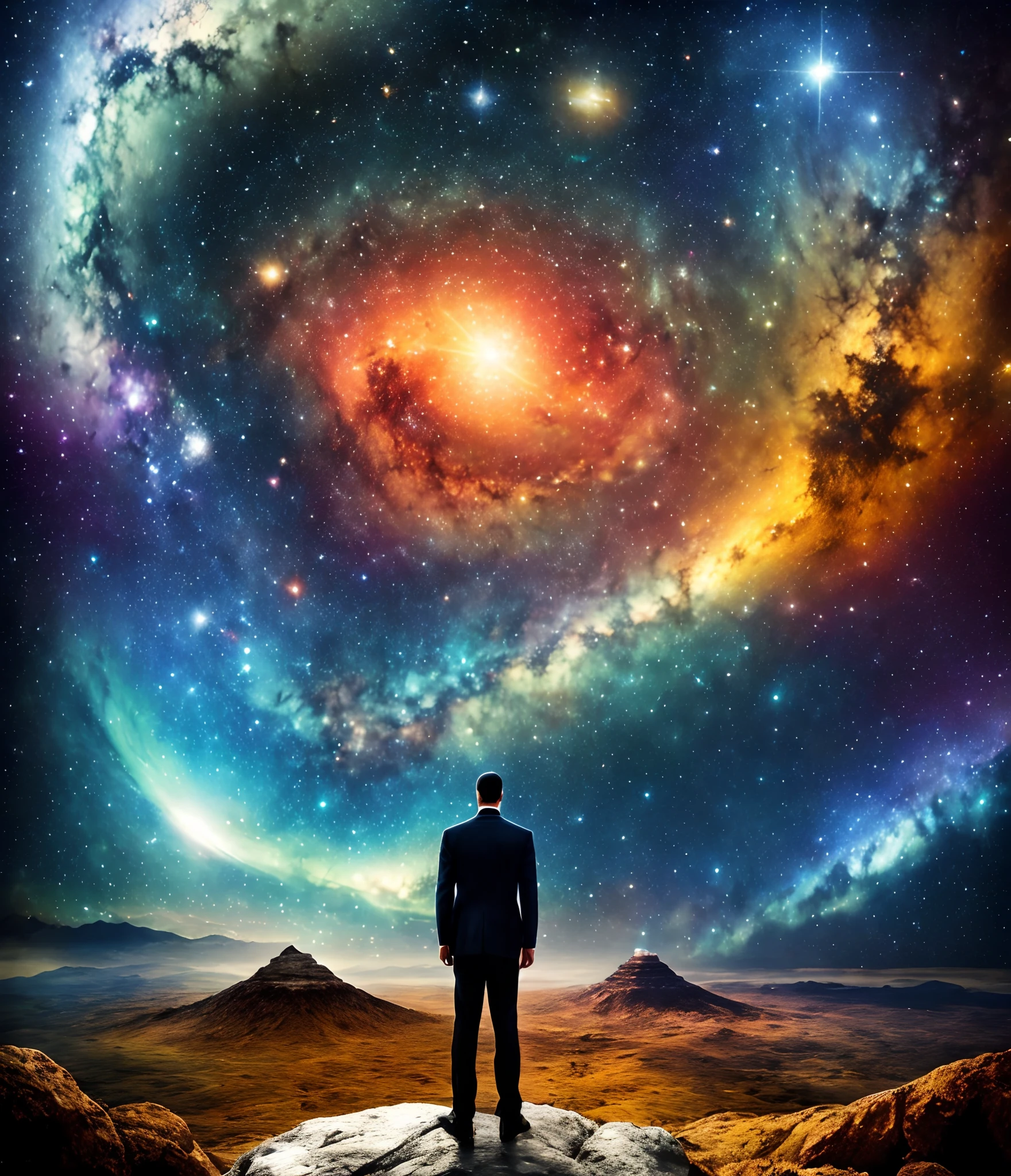 Image of a man standing on a rock looking at a galaxy, Olhando para o cosmos, surreal space, staring into space, cosmos sem fim no fundo, vasto cosmos, standing in outer space, Universos Ascendentes, O universo e tudo, no cosmos, Portal para outro universo, significado da vida do universo, Universo Psychonaut, no universo