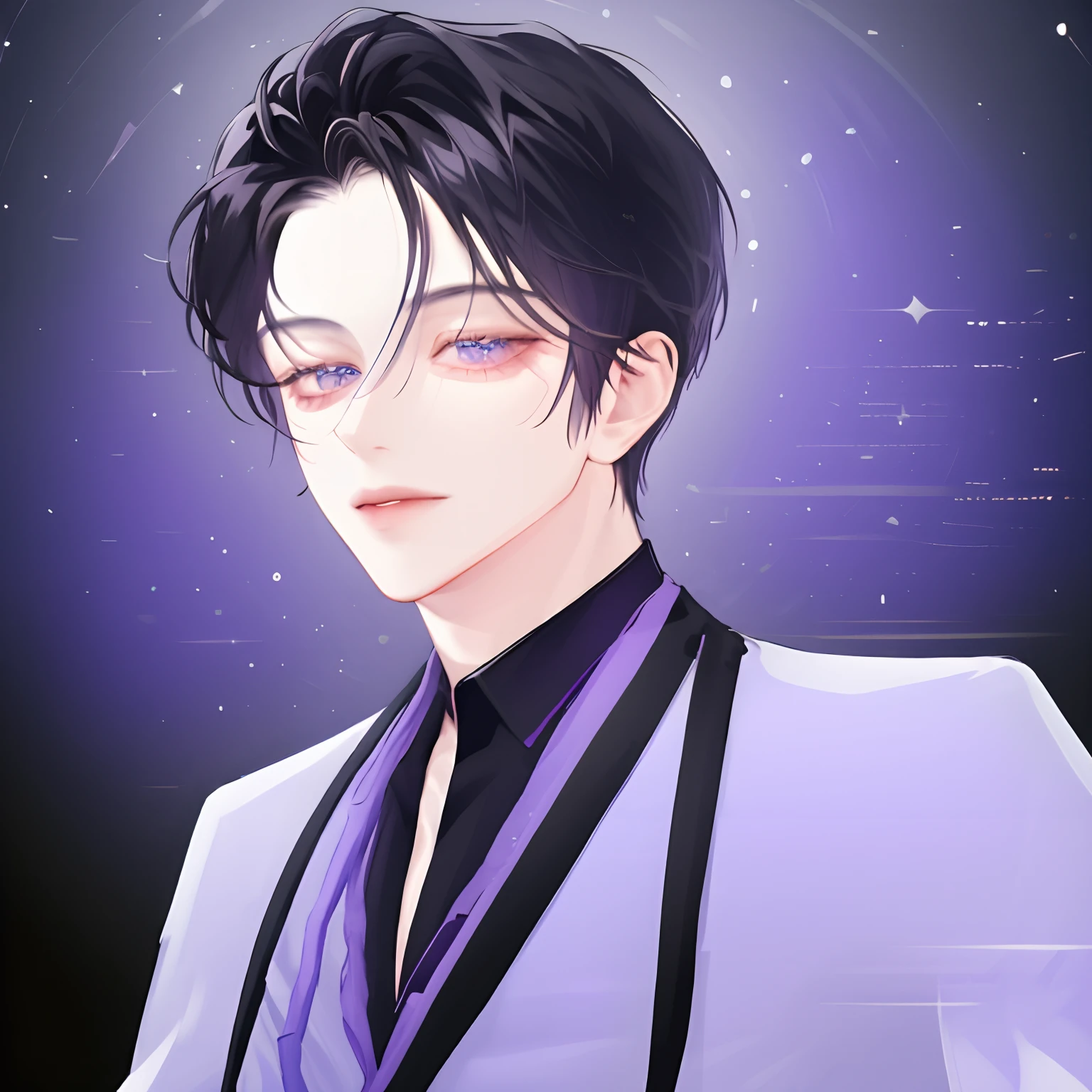 1 man, (Handsome ager with black hair, Beautiful purple eyes) portrait, vibrant colors, high resolution, Fine details, soft lighting, Dramatic atmosphere, Stylish clothing, Confident pose, Urban background