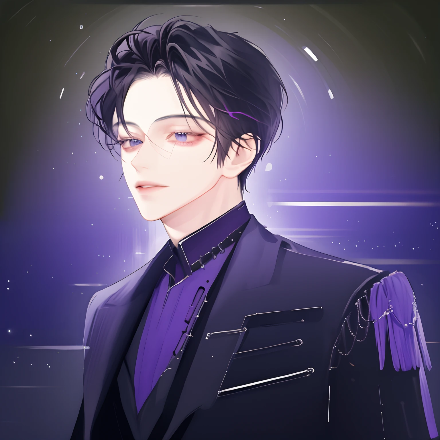 1 man, (Handsome teenager with black hair, Beautiful purple eyes) portrait, vibrant colors, high resolution, Fine details, soft lighting, Dramatic atmosphere, Stylish clothing, Confident pose, Urban background