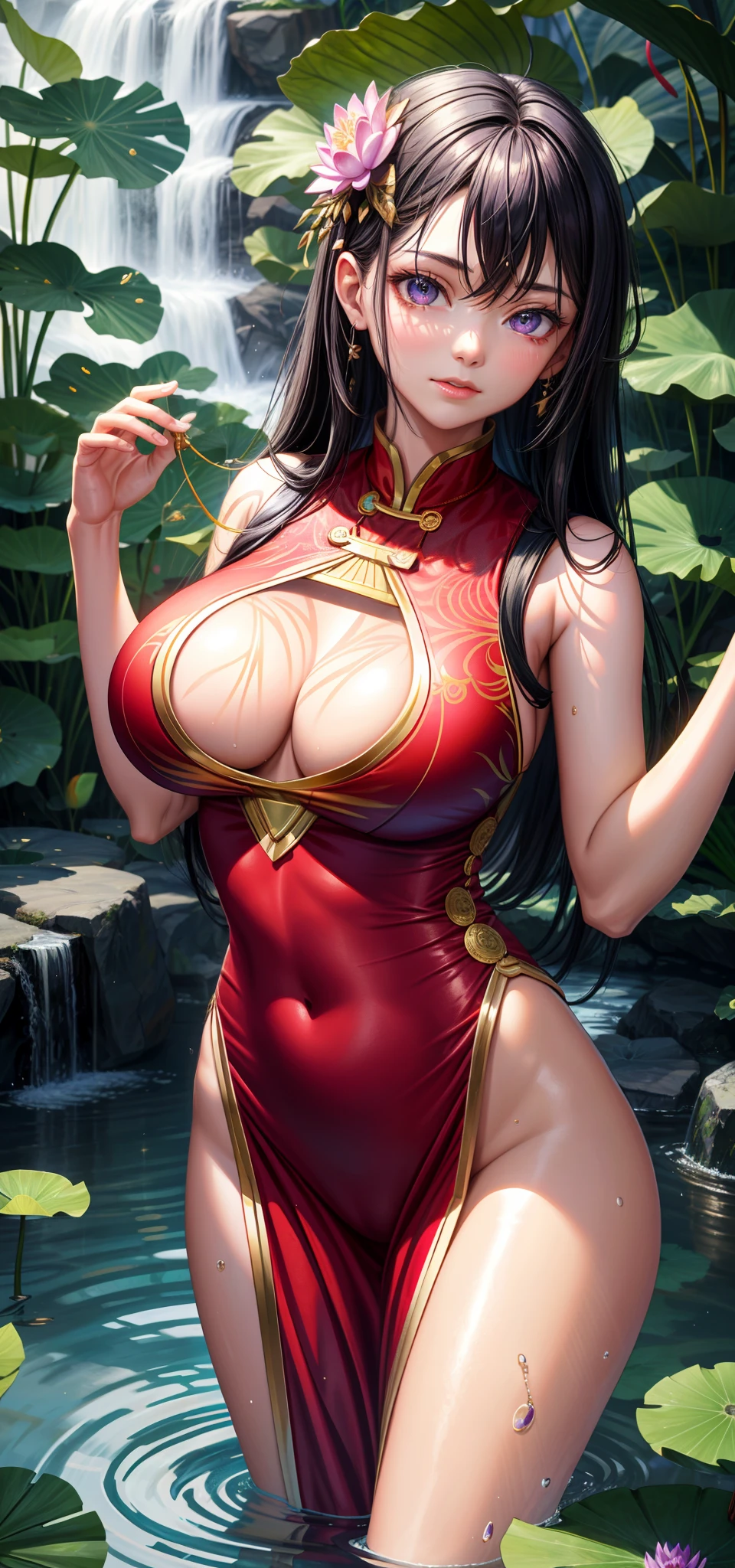 realisticlying,1girll,Black hair,Purple eye,glowing light eyes,pools of water,parted lip,Be red in the face,the night,the rainforest,lotus flower,suns,rays of sunshine,extremely large bosom,nakeness,Bare breasts,A MILF,比基尼,Camel toes,Gold wire embroidery,on cheongsam,Iron Man