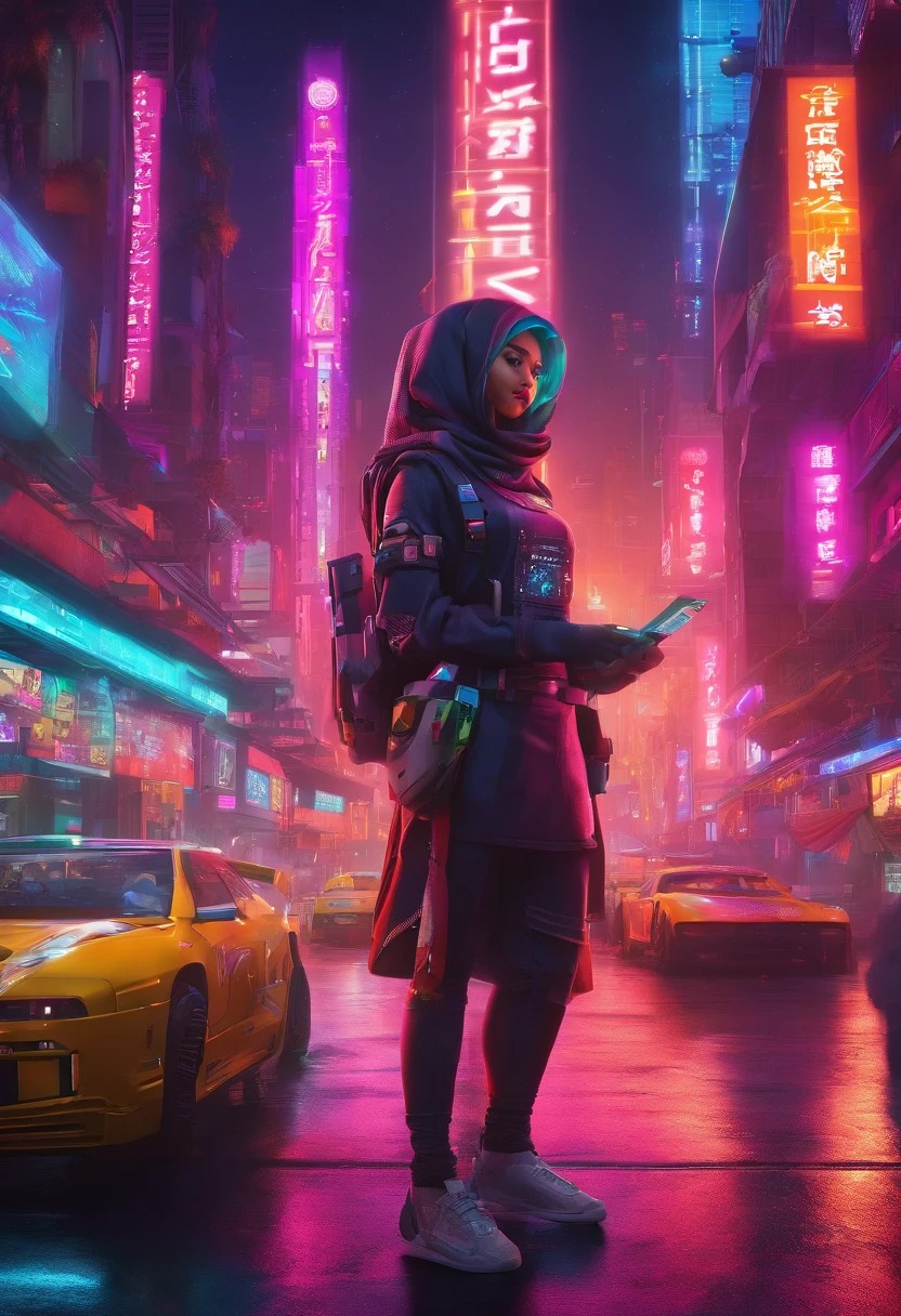 Craft an adventurous advertisement where a Malay girl in hijab becomes the captain of a ramen-themed spaceship, exploring the galaxy to discover unique ramen recipes from different planets, offering an out-of-this-world taste experience