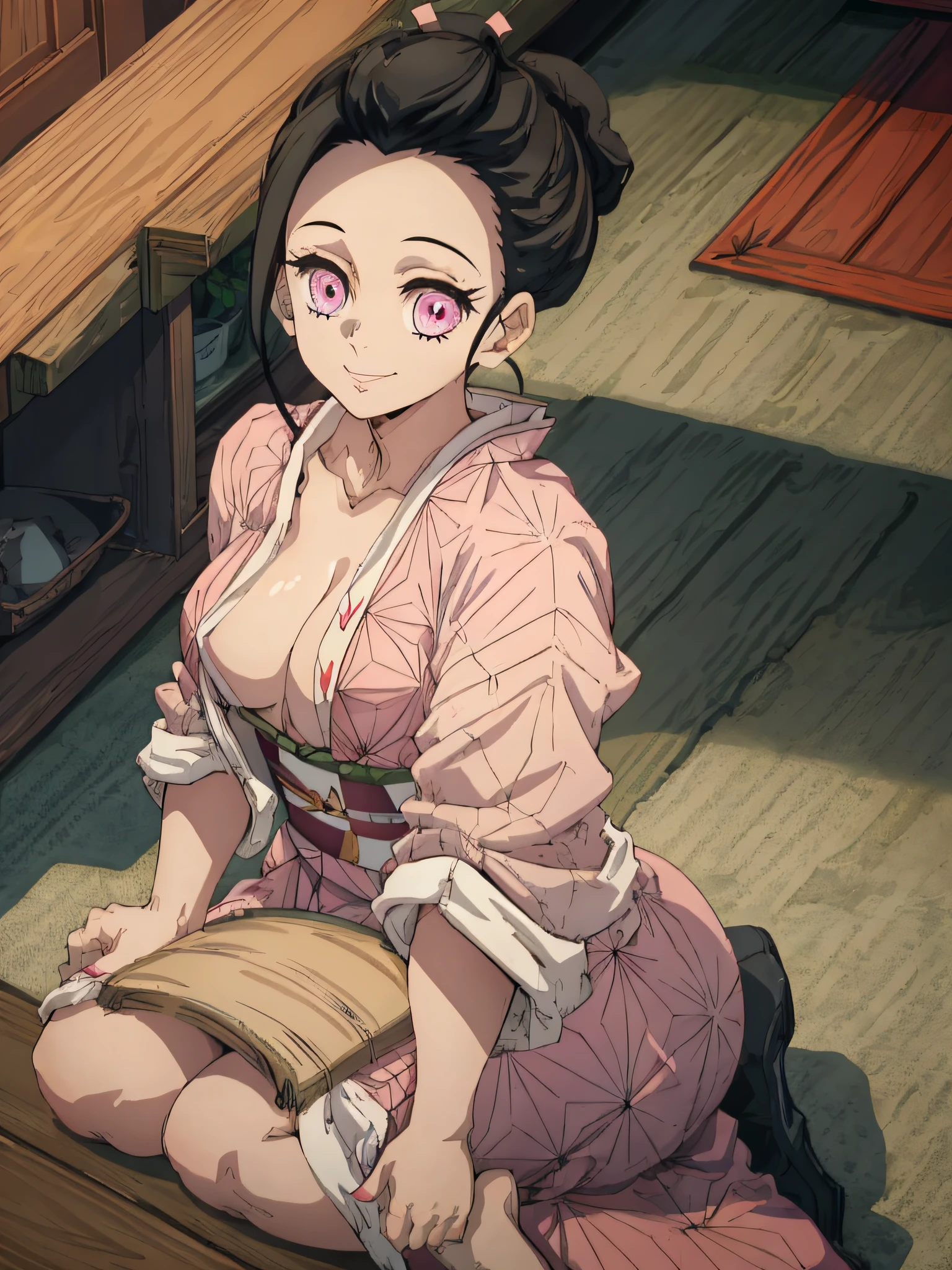 masterpiece, best quality, 1girl, humannezuko, light smile, pink kimono, brown haori, looking at viewer, sitting, indoor, indoor room, wooden room, wooden house, perfect light, pink eyes, hair tied up, bun, hair bun, medium breast, over eighteen girl, no cleavge, covered boobs