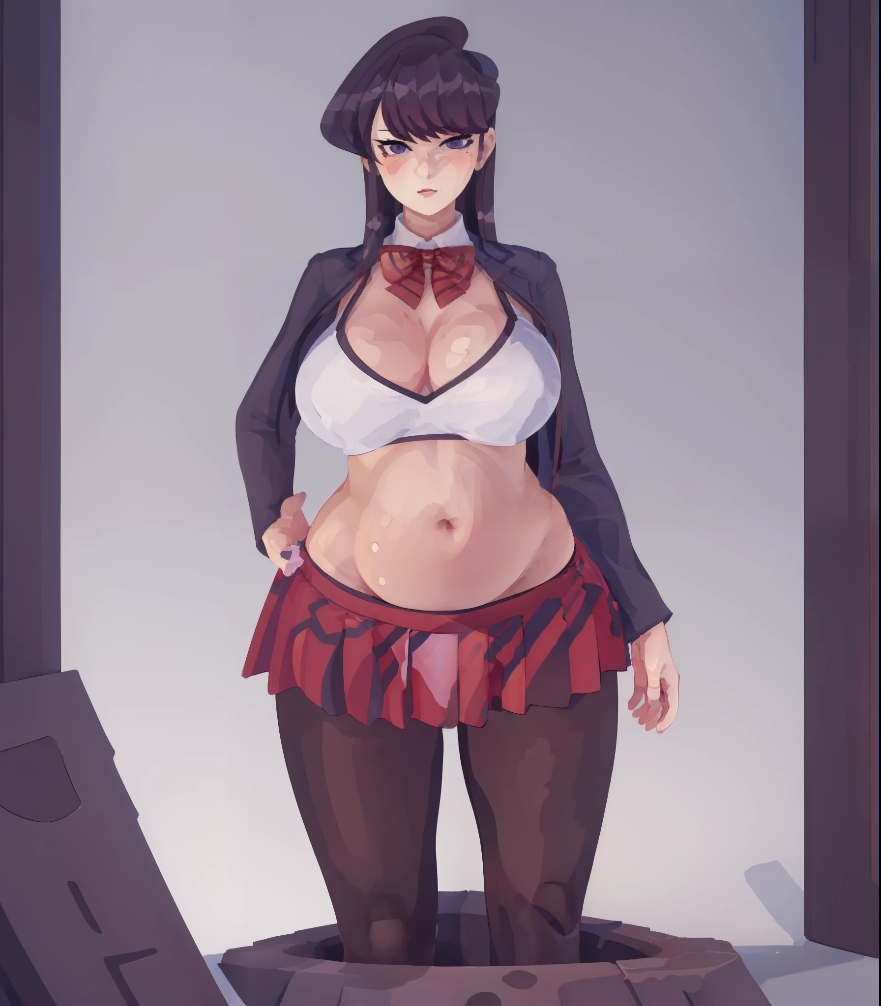 ,anime - style image of a woman in a crop top bikini sitting on a ledge inside a park, character is in her natural pose,on a park,folliage in the background,bushes,plant ,realistic shaded perfect body, seductive Komi shouko portrait, artwork in the style of guweiz, deviantart artstation cgscosiety, commission for high res, [ 4 k digital art ]!!,((komi shouko)), 1girl, bangs, black pantyhose, short sleeved shirt, blush, bow, bowtie, breasts, belly visible, closed mouth, micro short, cowboy shot, outdoors, highres, (komi-san wa komyushou desu), long hair, looking at viewer, medium breasts, Ballooned belly, Round belly, Bloated belly, Bloated abs, Bulging belly, Heavily pregnant, pantyhose,purple eyes, purple hair, red bow, red bowtie, (red skirt:1.4), shirt, skirt, solo, striped, striped bow, striped bowtie, swept bangs, white shirt,(huge ass:1.4),(wide hips,narrow waist:1.3), naughty face, flustered, surprised,(masterpiece, best quality:1.4),high quality, highly detailed,detailed,perfect,(Highres), (Detailed Illustration), Ultra-Detailed, Ambient Light, Realistic Shadows, Detailed Face, (Detailed Hair:1.2), Dim Lighting, Indirect Lighting, Reflections, Detailed Face, (Detailed Hair:1.2), (Desaturated:1.4), (Hyper-Detailed Eyes:1.2), (Detailed Hair:1.2), (Hyper-Detailed Eyes:1.4), (Detailed Eyes:1.6)