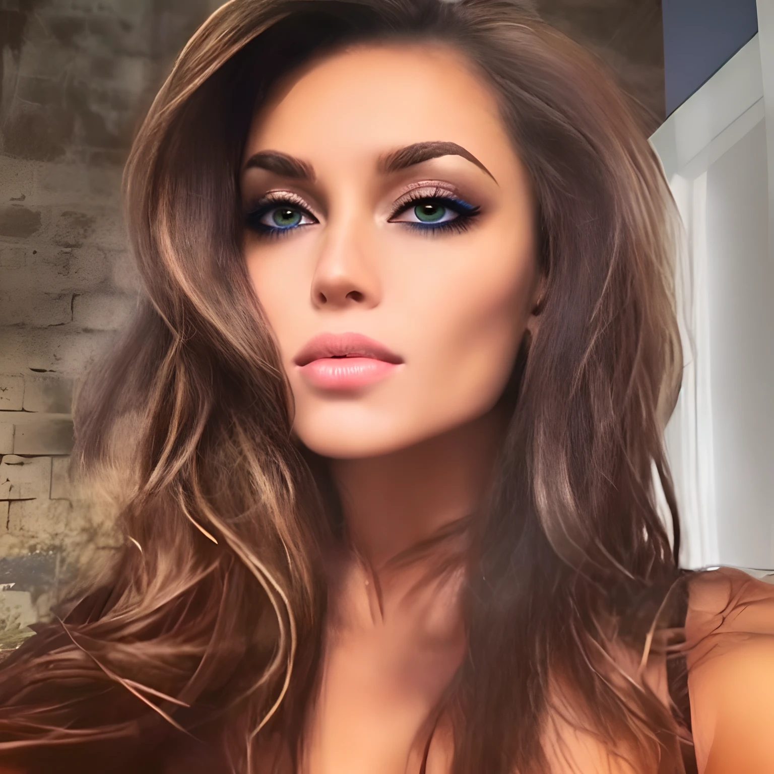 ((master part, Melhor)), (1girl), (mulher madura), cabelo comprido castanho com fios loiro , olhos verdes. open-chested seduction, Queimado, (office lady), franja, seios grandes, esguio, sorrir, [quadris largos], pouca maquiagem, baton ocre, office with large windows, Standing, Compreender  (arquivo azul), Qualidade de imagem 8K, sexy seduction, (terno de peito aberto)