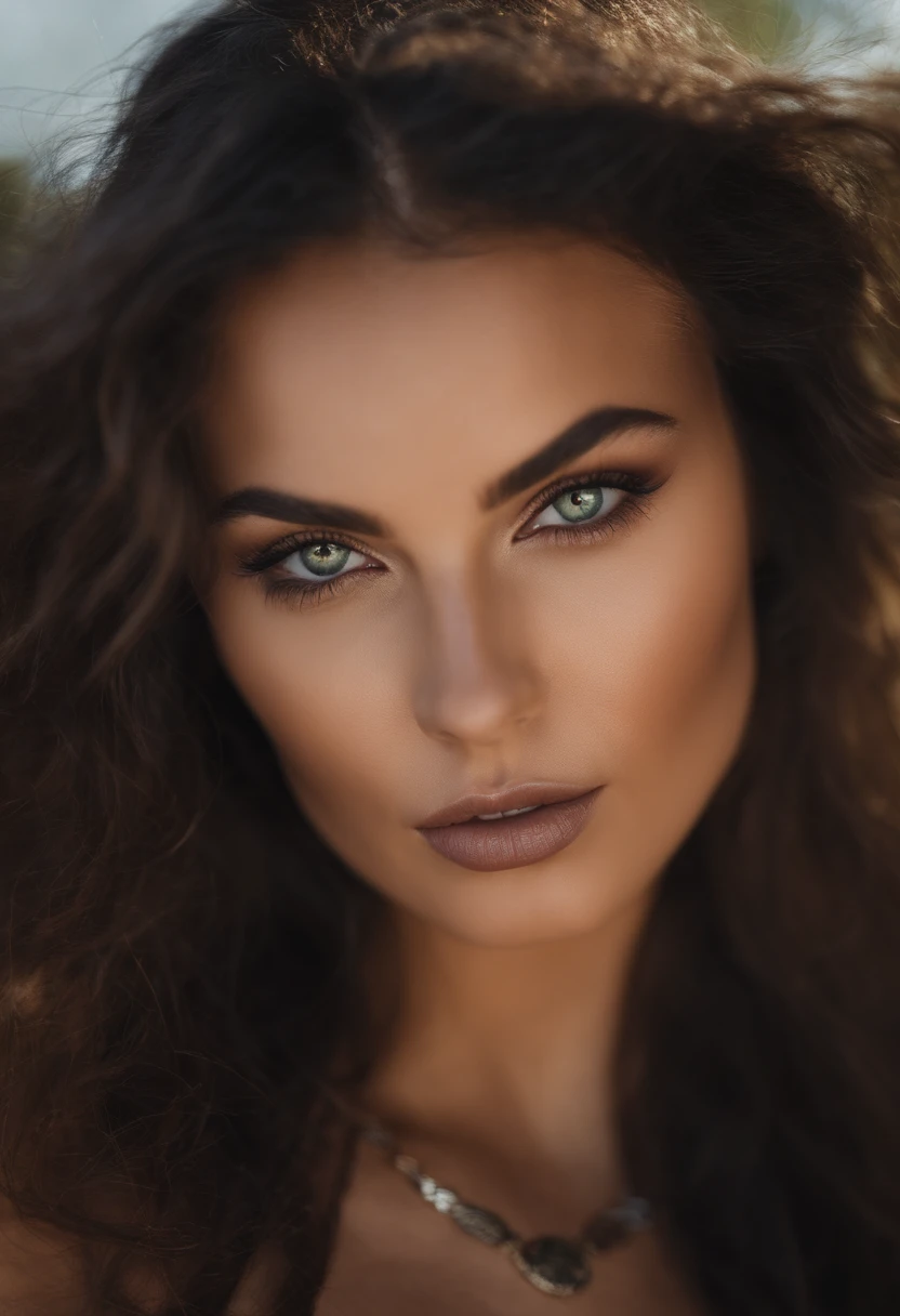 Arafed kinky woman in a bikini and with a necklace, exotic beach, fille sexy aux yeux verts, Portrait Sophie Mudd, cheveux bruns et grands yeux, Yeux de chambre, Violet Myers, sans maquillage, maquillage naturel, looking straight at camera, Visage avec Artgram, Maquillage subtil, stunning closeupheadshot, piercing green eyes