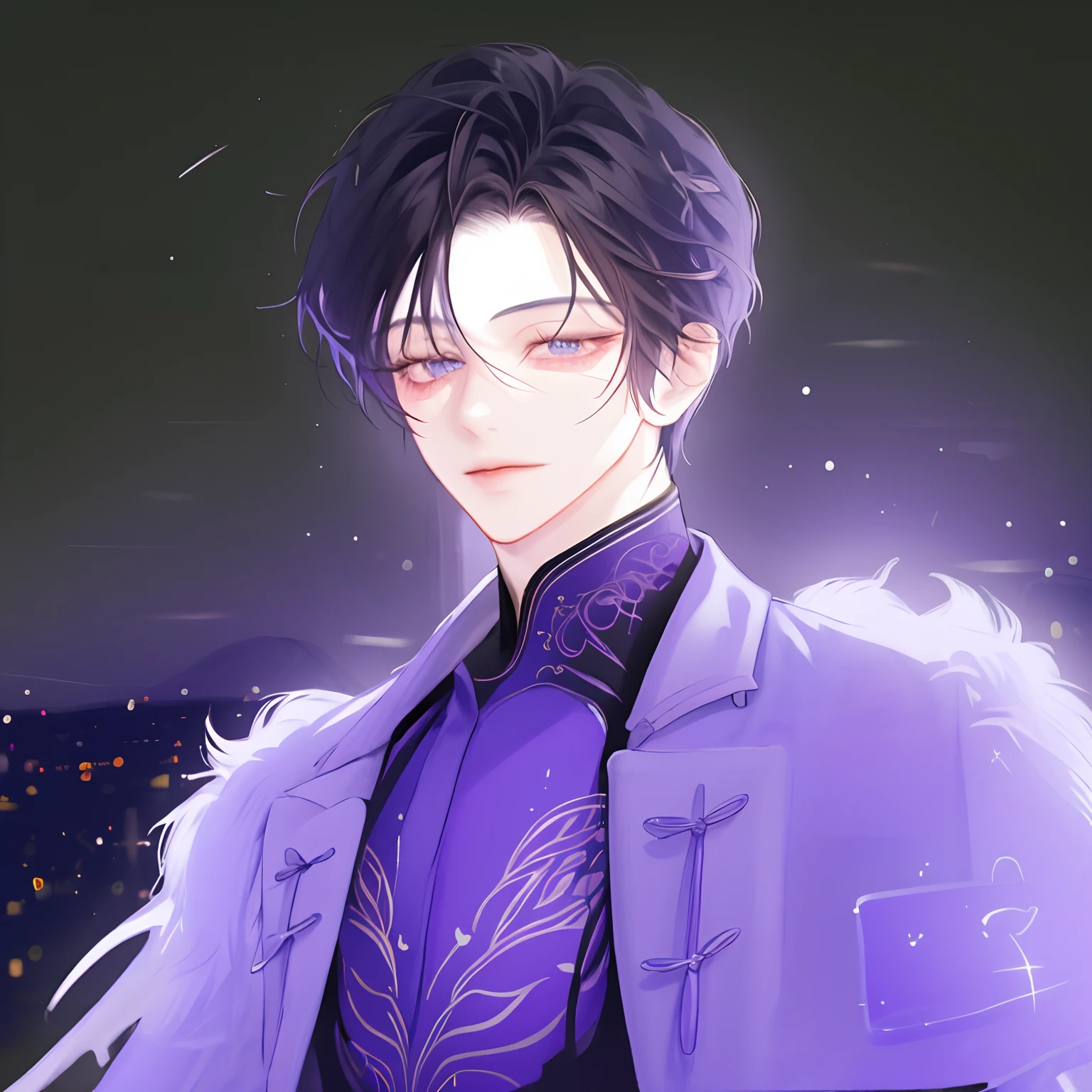 1 man, (Handsome ager with black hair, Beautiful purple eyes) portrait, vibrant colors, high resolution, Fine details, soft lighting, Dramatic atmosphere, Stylish clothing, Confident pose, Urban background