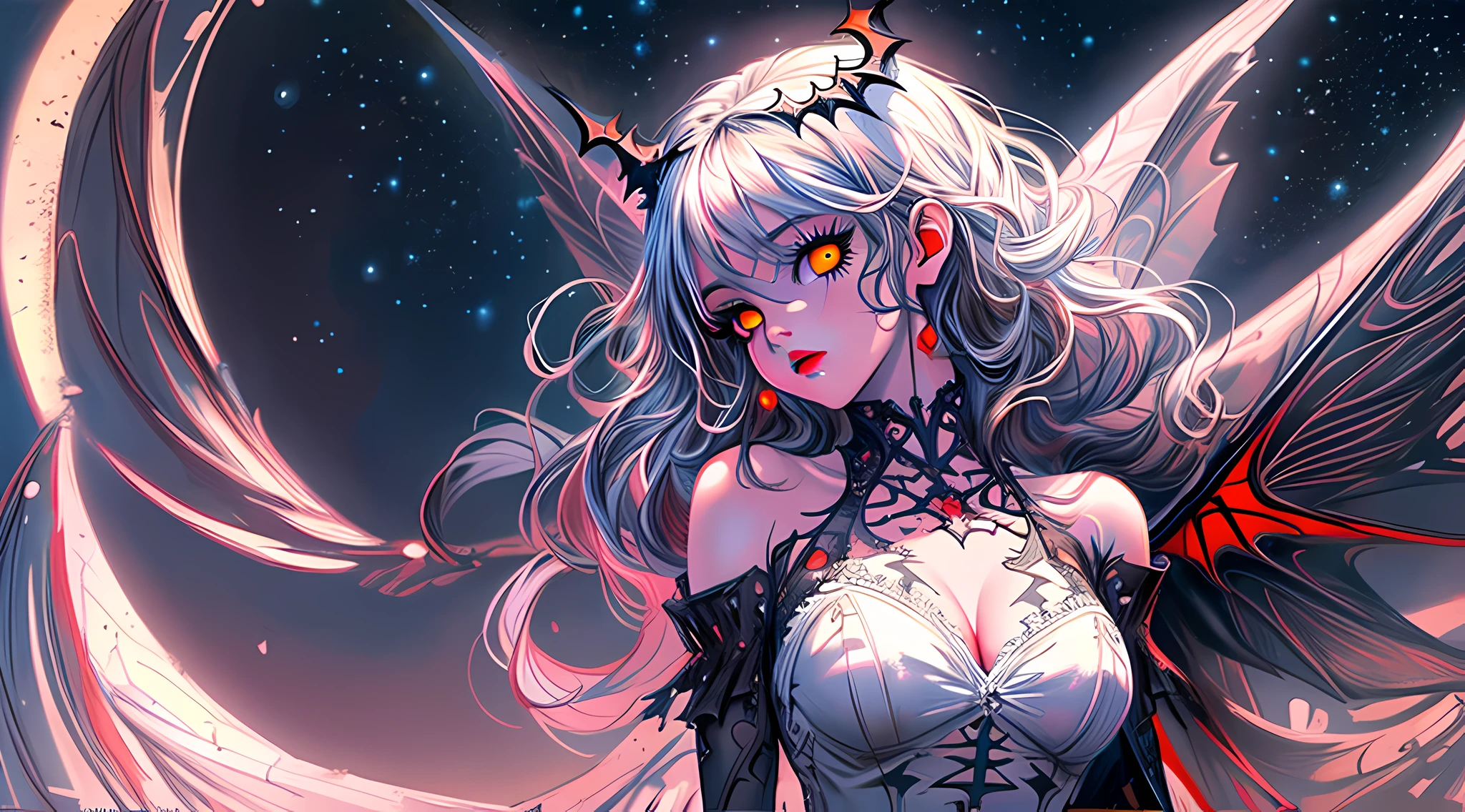high details, best quality, 16k, masterpiece, best quality, (extremely detailed), full body, ultra wide shot, photorealism, dark fantasy art, gothic art, picture of a sexy beautiful female fairy standing under the starry night sky at the dark forest, full distant shot, full body (ultra detailed, Masterpiece, best quality), ultra detailed face (ultra detailed, Masterpiece, best quality), ultra feminine (ultra detailed, Masterpiece, best quality: 1.5), (red skin: 1.3), black hair, wavy hair, dynamic eyes color, yellow glowing eyes, intense eyes, red lips, wearing white dress, dark elegant style dress (ultra detailed, Masterpiece, best quality: 1.3), black and red bat wings bat_wings (ultra detailed, Masterpiece, best quality), red veins, wearing high heeled boots, sky full of stars background, moon, best details, best quality, 16K, [ultra detailed], masterpiece, best quality, (ultra detailed), full body, ultra wide shot, photorealism , dark fantasy art, gothic art, 2.5D rendering