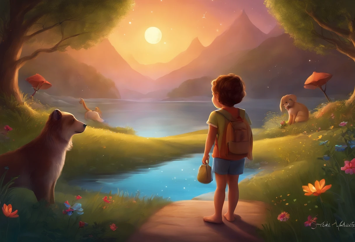 "Crie uma imagem com uma atmosfera encantadora e infantil. Na imagem, inclua dois personagens, both exploring a nighttime scenery filled with wonders. Add a starry sky with smiling stars, and place a friendly moon watching the scene with an affectionate gaze. Ademais, Insert a translucent spirit, Friendly and bright looking, as a magical guide on the characters' nightly journey. Use a palette of soft and vibrant colors to create a cheerful and magical environment, Perfectly suited for children. Let your creativity flow and capture the sense of adventure and mystery.