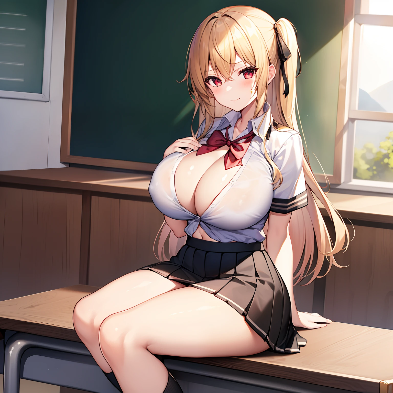 1girl in, Solo, perfect bodies, (top-quality:1.5), masutepiece, nffsw、Shaders、Brilliant Textured Work、hi-school girl、a blond、(Black school uniform:1.5)、(Black flared skirt:1.5)、Navel、Attractive red eyes、An inviting smile、Sitting at a desk、Skinny Legs、You can see the valley、huge tit(Breast Abundance)、Plump buttocks and thighs、length hair、Straight hair、Raw feet、Ribbon on uniform、serious faces、BREAK、sharp eye、(gals:1.5)、sun burn、Wearing a uniform、Cardigan at the waist、