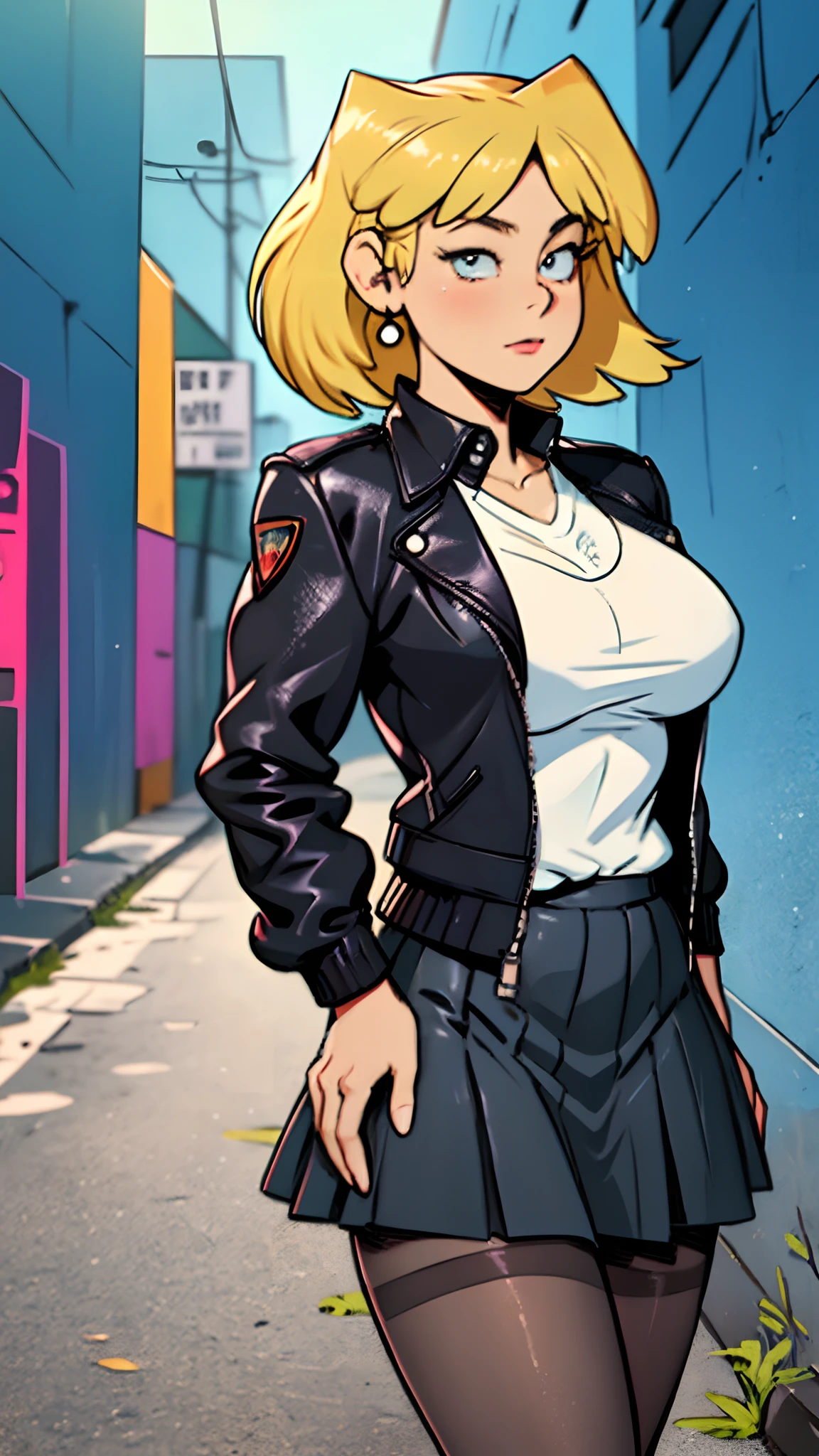 ((masterpiece, best quality)),solo,1girl, loriloud, lori loud, large breasts, highres, blonde hair, short hair, detailed, soft lighting, outdoors, pantyhose, lingerie, black skirt, black leather jacket, white shirt, background : alleyways