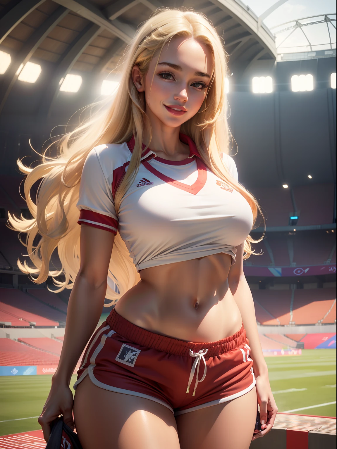 masterpiece, best quality, (photorealistic:1.4), 1girl, full body shot, a beautiful woman, shirt, (shorts:1.2), (sport uniform:1.3), (no panties:1.3)(skinny, athletic:1.1), (long hair, blonde hair:1.1), detailed face, smiling, red lipstick, big lips, medium breasts, cinematic light, (olympics stadium:1.1), shirtlift,