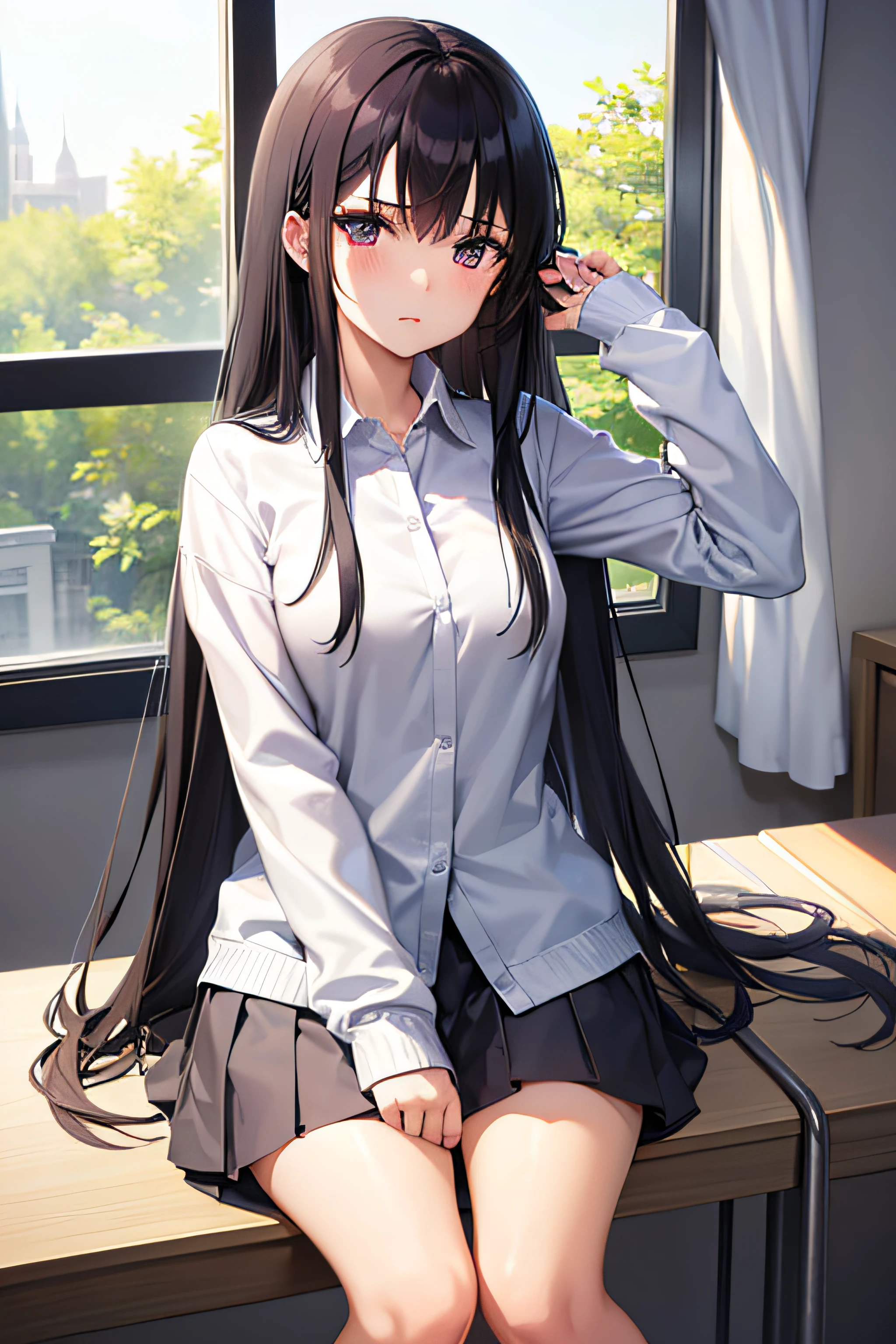  girl with long black hair and big violet eyes, with a sad face sitting near a window in the afternoon at a school, wearing white high school clothes.