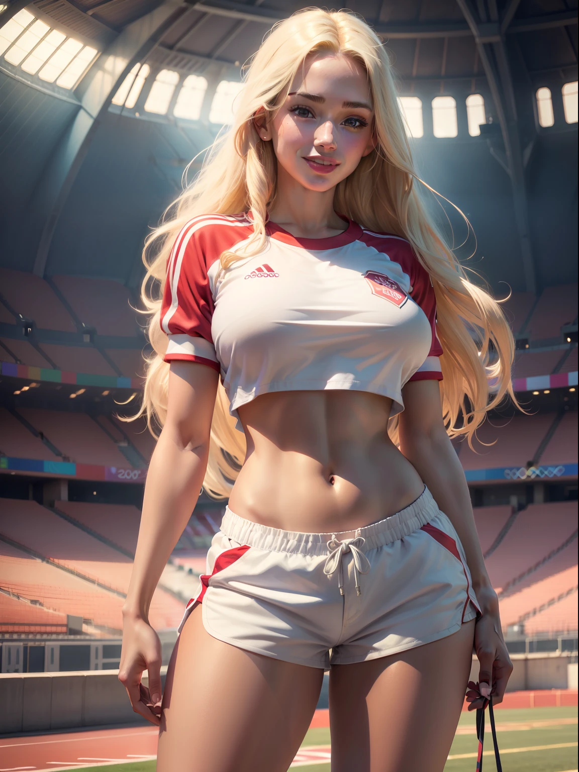 masterpiece, best quality, (photorealistic:1.4), 1girl, full body shot, a beautiful woman, shirt, (shorts:1.2), (sport uniform:1.3), (no panties:1.3)(skinny, athletic:1.1), (long hair, blonde hair:1.1), detailed face, smiling, red lipstick, big lips, large breasts, cinematic light, (olympics stadium:1.1), shirtlift,