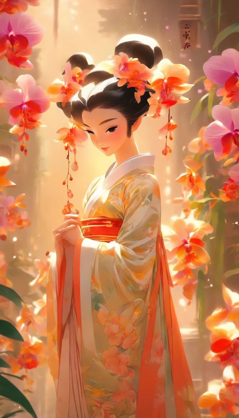China-style,Chinese ink style,Smudge,an orchid flower,Hanfu beauty standing among the orchids,中景 the scene is,Full body like, highly detailed surreal vfx,China ink painting,oc rendered, - AR 16:9 --q 2 --s 1000