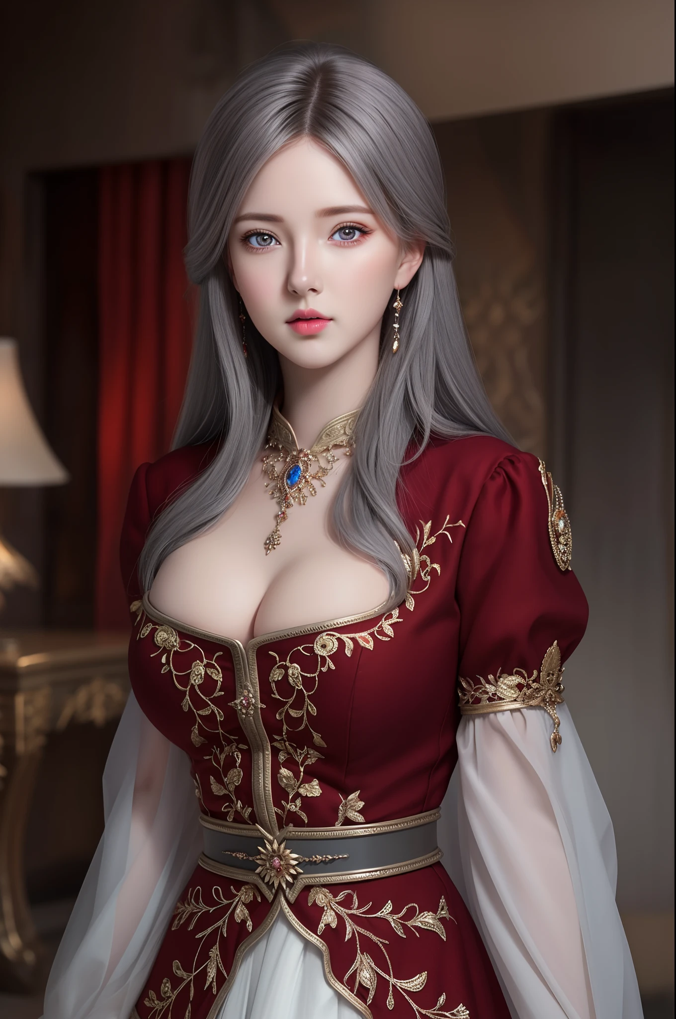 (hyperrealistic), (illustration), (high resolution), (8K), (extremely detailed), (best illustration), (beautiful detailed eyes), (best quality), (ultra-detailed), (masterpiece), (wallpaper), (photorealistic), (natural light), (rim lighting), (detailed face), (high detailed realistic skin texture), (anatomically correct), (solo), (1 girl), (high detailed realistic hair), (ashgrey hair:1.3), (heterochromic eyes), (detailed eyes), (red bright eyes:1.2), (sparkling eyes), (realistic big breasts:1.5), (exposed breasts:1.35), (long legs), (slender abs), (dynamic pose), (closed tiny mouth:1.3), nsfw, concentrated expression.