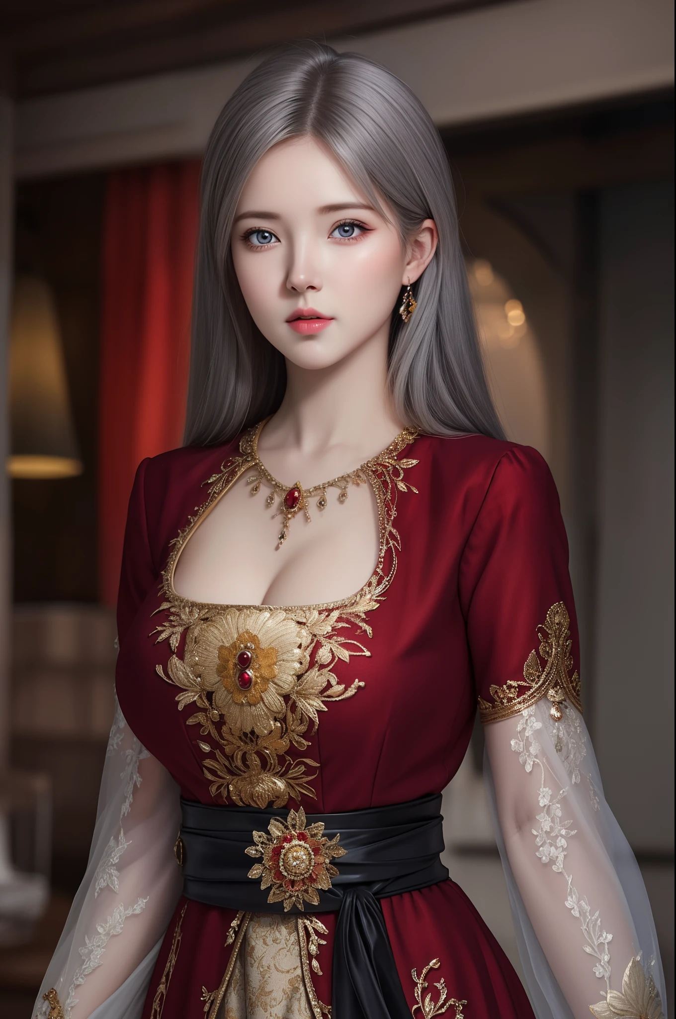 (hyperrealistic), (illustration), (high resolution), (8K), (extremely detailed), (best illustration), (beautiful detailed eyes), (best quality), (ultra-detailed), (masterpiece), (wallpaper), (photorealistic), (natural light), (rim lighting), (detailed face), (high detailed realistic skin texture), (anatomically correct), (solo), (1 girl), (high detailed realistic hair), (ashgrey hair:1.3), (heterochromic eyes), (detailed eyes), (maroon eyes:1.2), (sparkling eyes), (realistic big breasts:1.5), (exposed nipples breasts:1.35), (long legs), (slender abs), (dynamic pose), (closed tiny mouth:1.3), nsfw, concentrated expression.