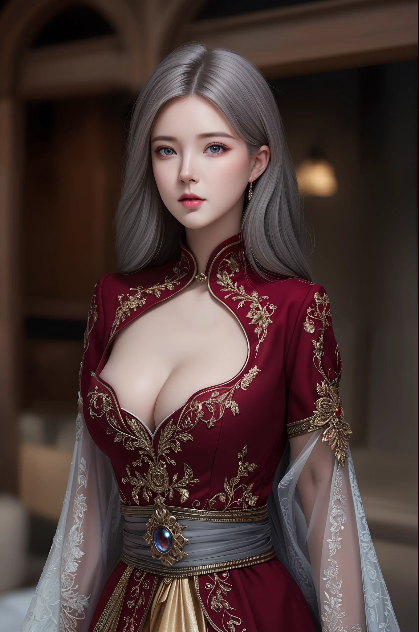 (hyperrealistic), (illustration), (high resolution), (8K), (extremely detailed), (best illustration), (beautiful detailed eyes), (best quality), (ultra-detailed), (masterpiece), (wallpaper), (photorealistic), (natural light), (rim lighting), (detailed face), (high detailed realistic skin texture), (anatomically correct), (solo), (1 girl), (high detailed realistic hair), (ashgrey hair:1.3), (heterochromic eyes), (detailed eyes), (red bright eyes:1.2), (sparkling eyes), (realistic big breasts:1.5), (exposed breasts:1.35), (long legs), (slender abs), (dynamic pose), (closed tiny mouth:1.3), nsfw, concentrated expression.