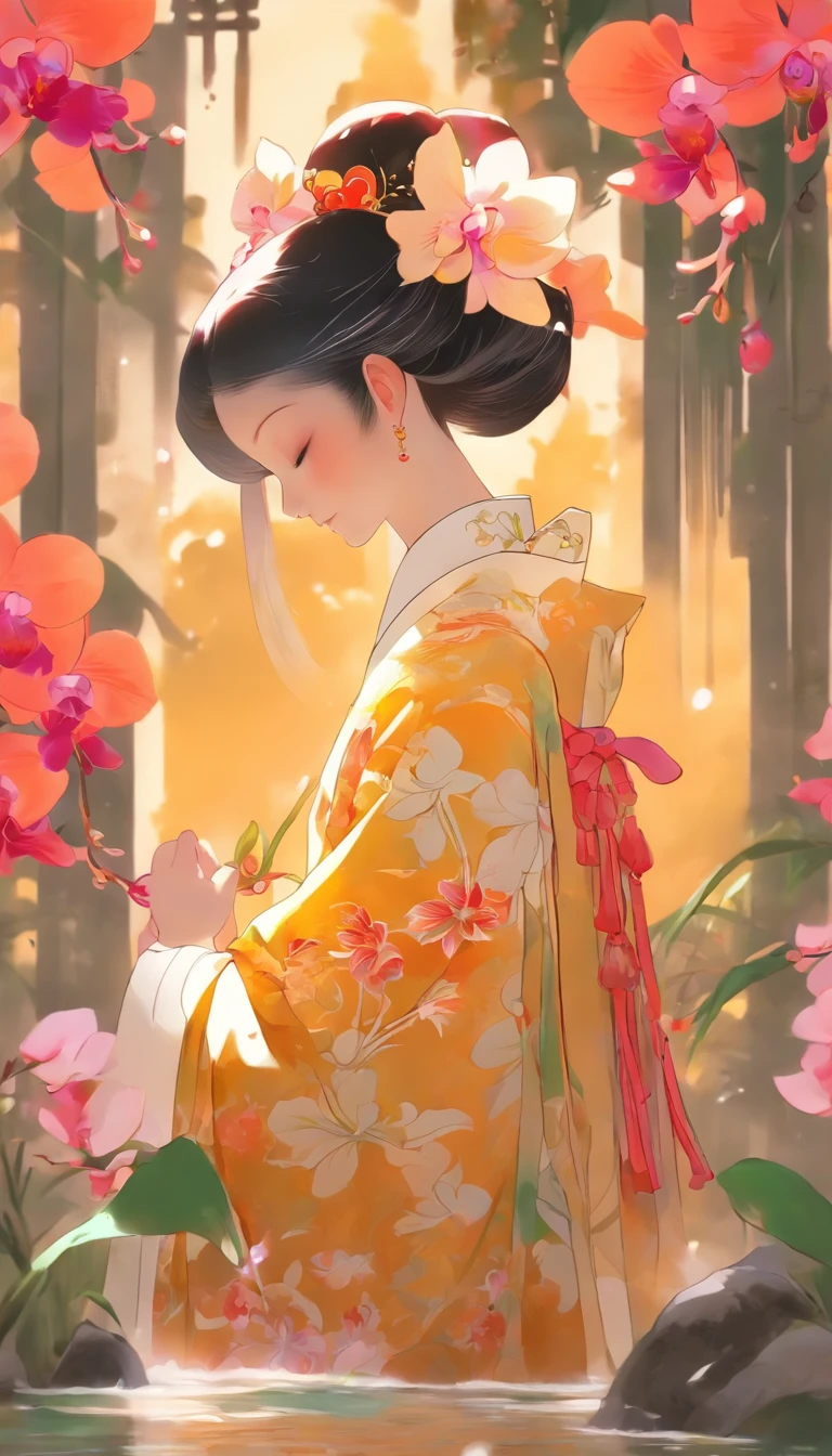 China-style，Chinese ink style，Smudge，an orchid flower，Hanfu beauty standing among the orchids，中景 the scene is，Full body like， highly detailed surreal vfx，China ink painting，oc rendered， - AR 16:9 --q 2 --s 1000