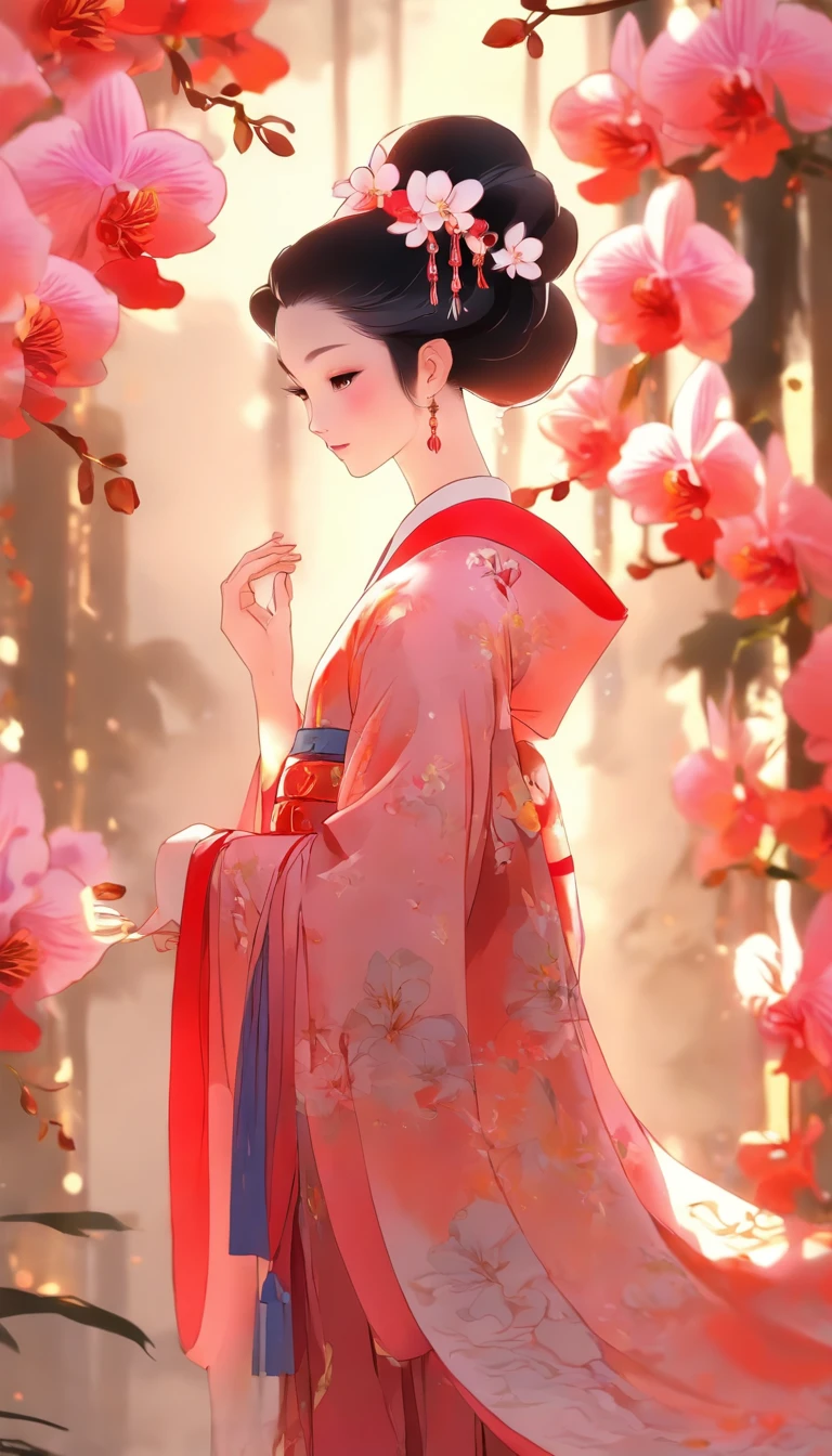 China-style,Chinese ink style,Smudge,an orchid flower,Hanfu beauty standing among the orchids,中景 the scene is,Full body like, highly detailed surreal vfx,China ink painting,oc rendered, - AR 16:9 --q 2 --s 1000