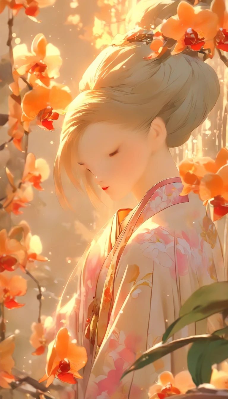 China-style,Chinese ink style,Smudge,an orchid flower,Hanfu beauty standing among the orchids,中景 the scene is,Full body like, highly detailed surreal vfx,China ink painting,oc rendered, - AR 16:9 --q 2 --s 1000