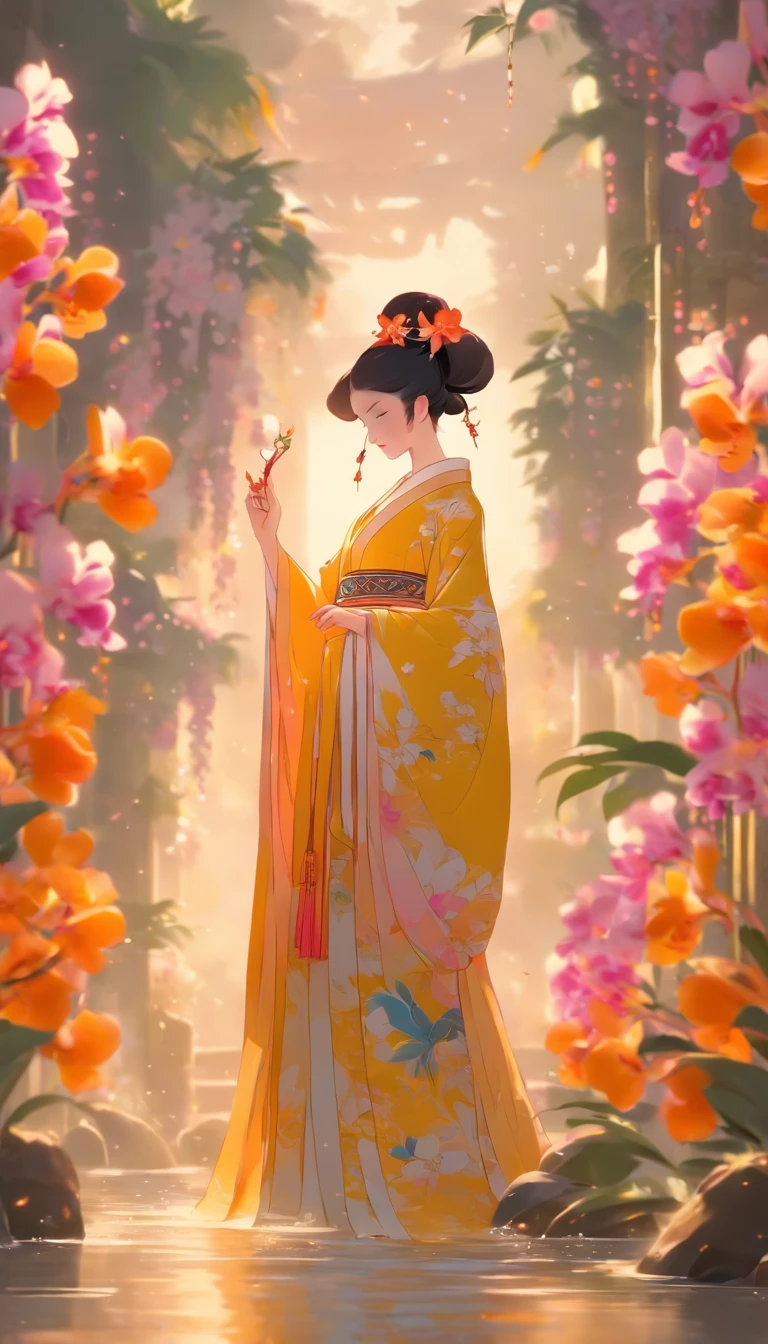 China-style,Chinese ink style,Smudge,an orchid flower,Hanfu beauty standing among the orchids,中景 the scene is,Full body like, highly detailed surreal vfx,China ink painting,oc rendered, - AR 16:9 --q 2 --s 1000