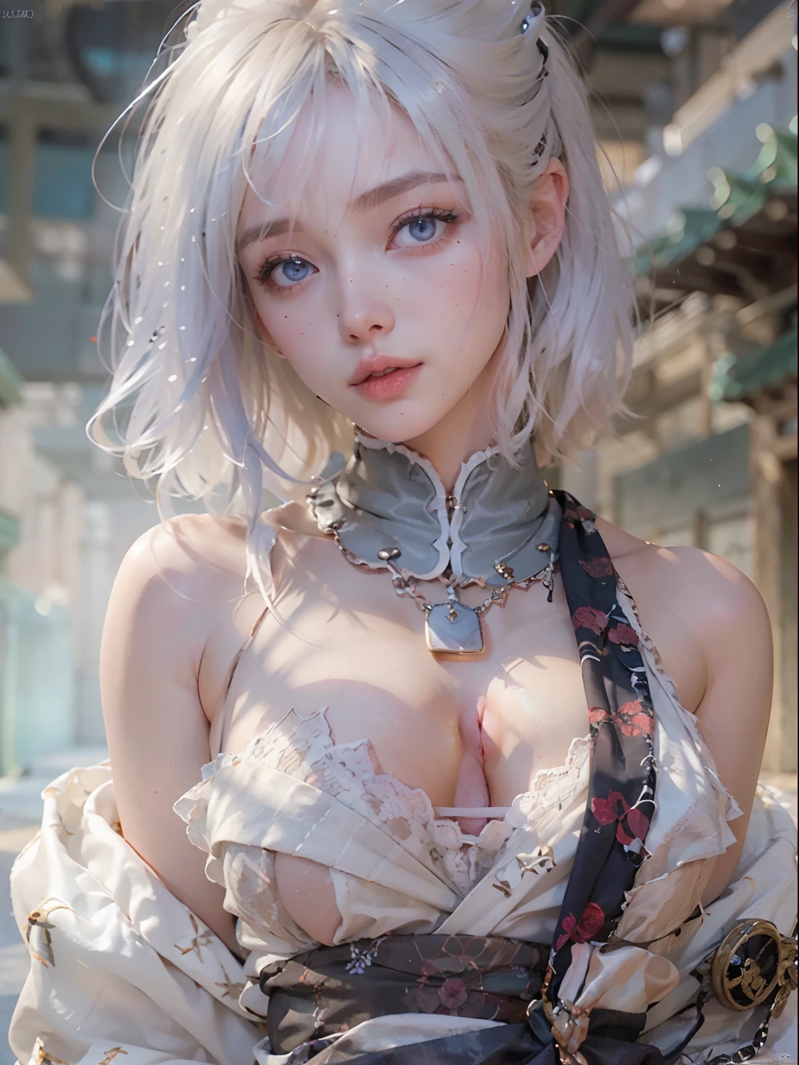 nsfw, 1girl, nude, (masterpiece: 1.4), (8K, realistic, raw photo, best quality: 1.4), skirtlift, strip naked, ninja, nipple areola shape clear, beautiful breasts, Japanese girl, beautiful cute face, (real face: 1.4), perfect pussy, beautiful hairstyle, realistic blue eyes, beautiful detail eyes, (real skin: 1.3), beautiful skin, attractive, ultra high resolution, ultra realistic, cinematic lighting, white colored hair, short hair, ancient Japan, ninja uniform, ass up wait, japanese temple