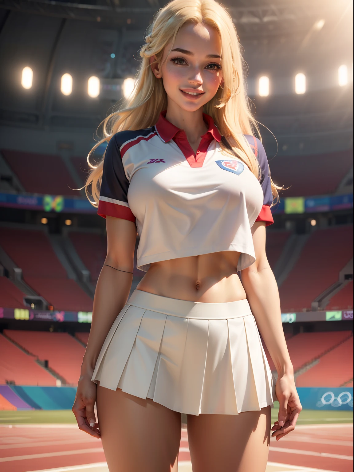 masterpiece, best quality, (photorealistic:1.4), 1girl, full body shot, a beautiful woman, shirt, (skirt:1.2), (sport uniform:1.3), (no panties:1.3)(skinny, athletic:1.1), (long hair, blonde hair:1.1), detailed face, smiling, red lipstick, big lips, medium breasts, cinematic light, (olympics stadium:1.1), shirtlift,