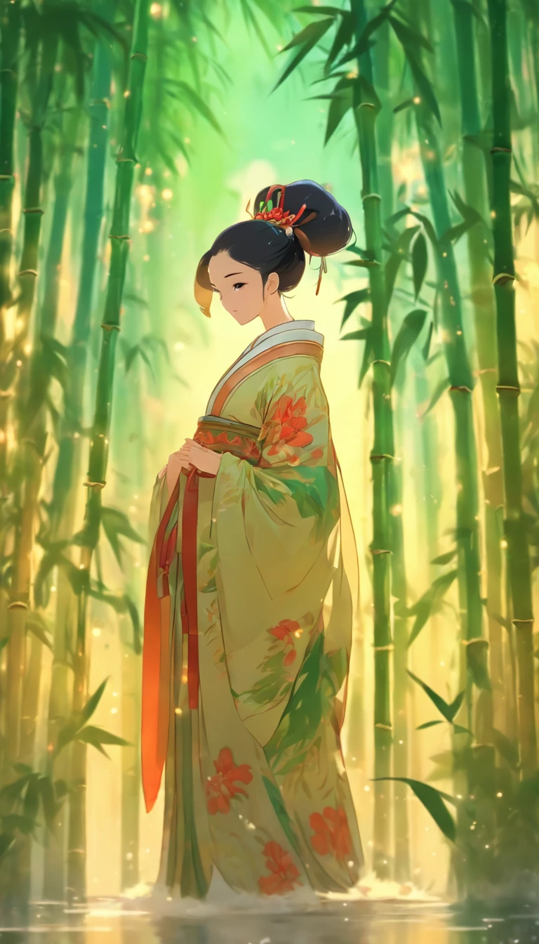 China-style，Chinese ink style，water ink，Smudge，bamboos，Hanfu beauty standing in the bamboo forest，中景 the scene is，Full body like， highly detailed surreal vfx，China ink painting，oc rendered， - AR 16:9 --q 2 --s 1000