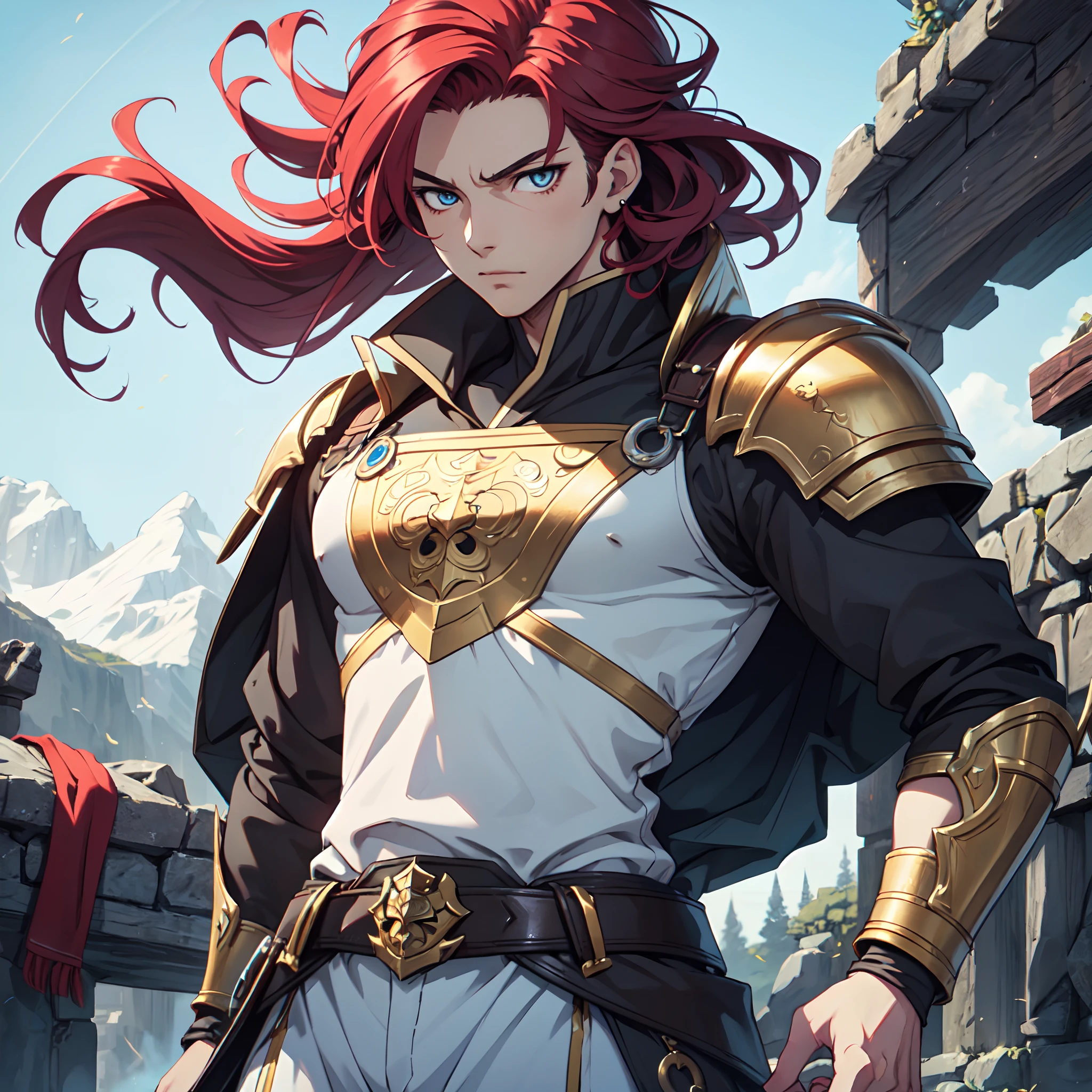 Ultra High Definition, Ultra High Quality, Extremely Detailed, Perfectly Detailed, Masterpiece, 8k, 1 Boy, Look A Like Xin From Kingdom Anime, Handsome, Equipped With Paladin Armor, Solid Light Blue Eyes, Long Red Hair, Body Shot, Ancient Kingdom Background