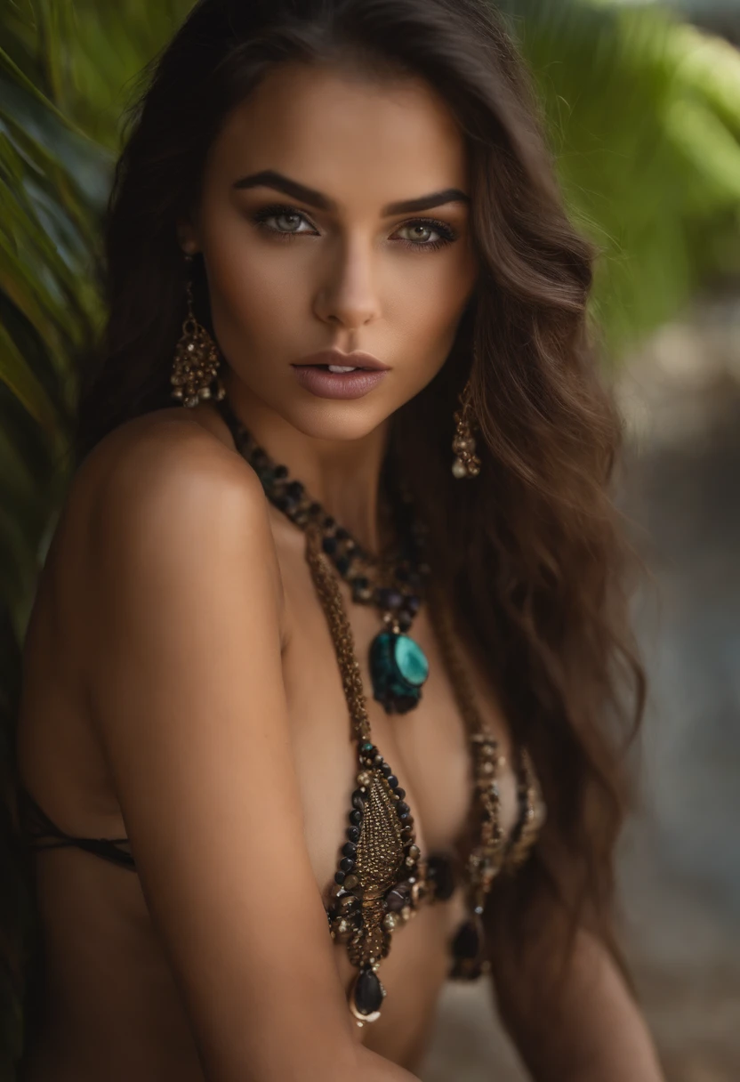 Arafed kinky woman in a bikini and with a necklace, exotic beach, fille sexy aux yeux verts, Portrait Sophie Mudd, cheveux bruns et grands yeux, Yeux de chambre, Violet Myers, sans maquillage, maquillage naturel, looking straight at camera, Visage avec Artgram, Maquillage subtil, stunning closeupheadshot, piercing green eyes
