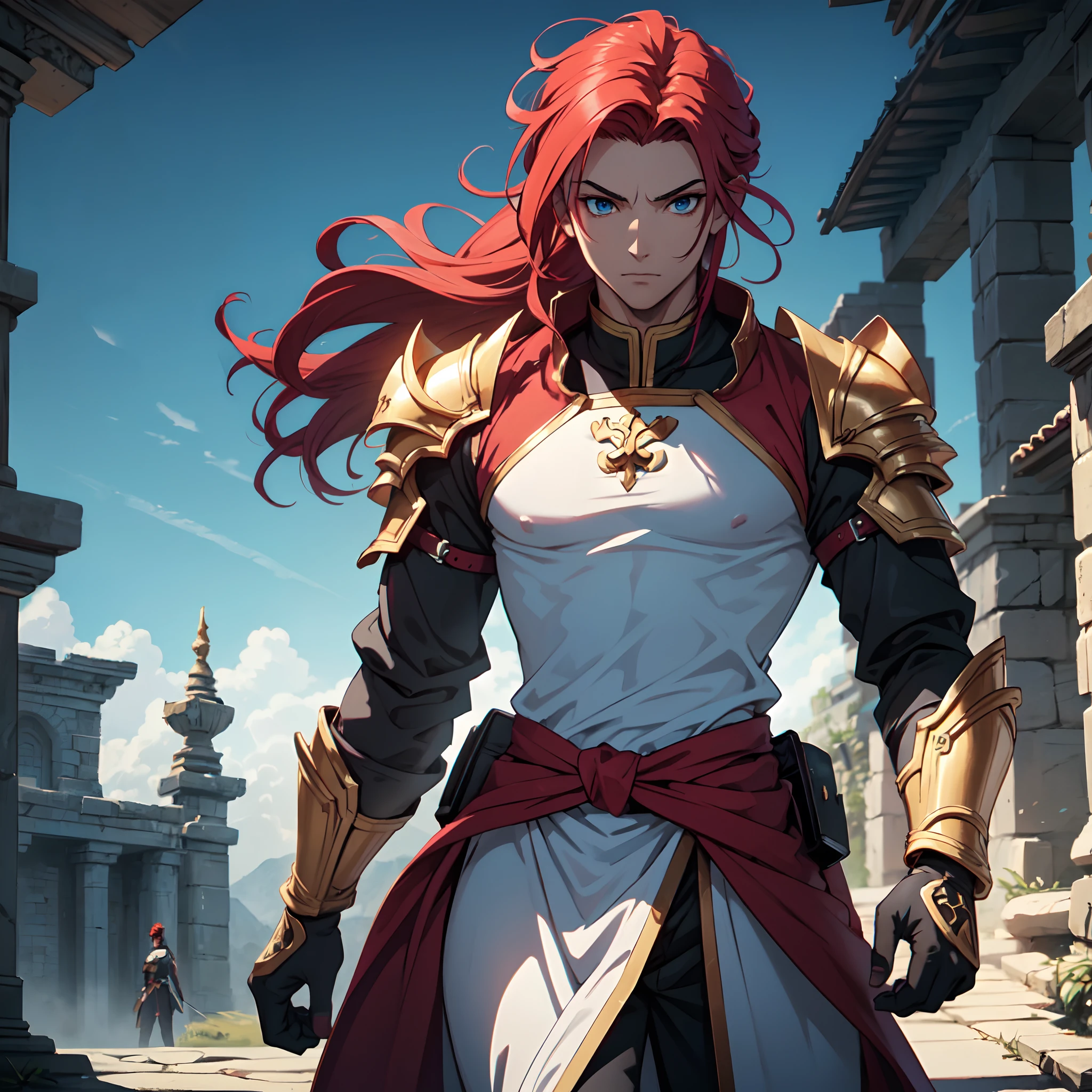 Ultra High Definition, Ultra High Quality, Extremely Detailed, Perfectly Detailed, Masterpiece, 8k, 1 Boy, Look A Like Xin From Kingdom Anime, Handsome, Equipped With Paladin Armor, Solid Light Blue Eyes, Long Red Hair, Body Shot, Ancient Kingdom Background